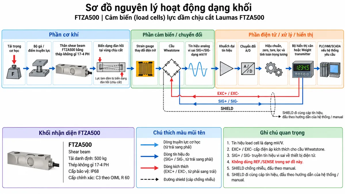 Sơ đồ nguyên lý hoạt động dạng khối của Laumas FTZA500 trên nền trắng, bố cục ngang. Luồng chính gồm: Tải trọng cơ học → Bộ gá/điểm truyền lực → Thân shear beam FTZA500 bằng thép không gỉ 17-4 PH → Biến dạng đàn hồi tại vùng chịu cắt → Strain gauge thay đổi điện trở → Cầu Wheatstone → Tín hiệu analog vi sai SIG+/SIG- dạng mV/V → Khuếch đại tín hiệu → Chuyển đổi A/D → Hiệu chuẩn, zero, tare, lọc và tính toán trọng lượng → Bộ hiển thị cân hoặc Weight transmitter → PLC/HMI/SCADA nếu hệ thống yêu cầu. Vẽ nhánh EXC+/EXC- từ bộ điện tử cân cấp điện áp kích thích trở lại cầu Wheatstone; thể hiện SIG+/SIG- truyền tín hiệu theo chiều từ cầu đo về thiết bị điện tử. Không vẽ REF./SENSE trong cấu hình tiêu chuẩn 4 dây; SHIELD thể hiện đi cùng cáp tín hiệu và đấu theo hướng dẫn của hệ thống.