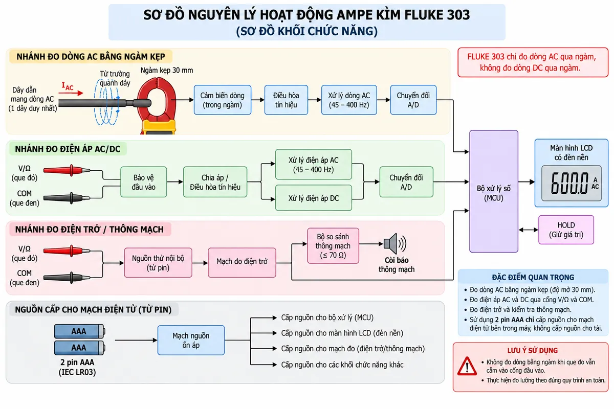 Vẽ sơ đồ nguyên lý hoạt động dạng khối của ampe kìm FLUKE 303 trên nền trắng, bố cục ngang, chú thích tiếng Việt. Nhánh đo dòng AC: dây dẫn mang dòng AC → từ trường quanh dây → ngàm kẹp 30 mm → cảm biến dòng trong ngàm → điều hòa tín hiệu → xử lý dòng AC trong dải tần đo → chuyển đổi A/D → bộ xử lý số → màn hình có đèn nền; từ bộ xử lý thêm khối HOLD giữ giá trị. Nhánh đo điện áp: cổng V/Ω và COM → bảo vệ đầu vào → chia áp/điều hòa tín hiệu → tách thành xử lý điện áp AC và xử lý điện áp DC → chuyển đổi A/D → bộ xử lý số → màn hình. Nhánh điện trở/thông mạch: V/Ω và COM → nguồn thử nội bộ và mạch đo điện trở → bộ xử lý → màn hình, đồng thời qua bộ so sánh thông mạch → còi báo khi điện trở ≤70 Ω. Vẽ 2 pin AAA cấp nguồn cho mạch điện tử, bộ xử lý, màn hình và nguồn thử điện trở; ghi rõ FLUKE 303 chỉ đo dòng AC qua ngàm, không đo dòng DC qua ngàm.