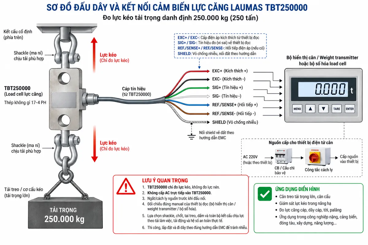 Vẽ sơ đồ đấu dây/kết nối kỹ thuật cho Laumas TBT250000 trên nền trắng, bố cục ngang. Bên trái thể hiện kết cấu cố định phía trên và tải treo hoặc cơ cấu kéo tải cực lớn phía dưới, lực kéo truyền dọc trục qua hai shackle, chốt và liên kết cơ khí chịu tải phù hợp vào hai lỗ của load cell TBT250000 tải danh định 250.000 kg; nhấn mạnh TBT250000 chỉ đo lực kéo và tuyệt đối không minh họa lực nén. Ở giữa thể hiện thân cảm biến bằng thép không gỉ 17-4 PH và cáp tín hiệu đi sang thiết bị điện tử cân. Phân biệt rõ EXC+/EXC- từ bộ hiển thị cân, weight transmitter hoặc bộ số hóa cấp điện áp kích thích tới cầu Wheatstone; SIG+/SIG- truyền tín hiệu vi sai từ TBT250000 về thiết bị đọc; nếu đúng cấu hình cảm biến và thiết bị đọc hỗ trợ sense thì thể hiện riêng REF./SENSE+ và REF./SENSE- là hai đường hồi tiếp điện áp; SHIELD tách riêng và xử lý theo hướng dẫn EMC. Bên phải vẽ bộ hiển thị cân, weight transmitter hoặc bộ số hóa load cell nhưng không tự gán số chân terminal. Vẽ nguồn riêng của thiết bị điện tử cân đi qua cầu chì hoặc CB bảo vệ và điểm cách ly trước khi cấp vào thiết bị. Ghi chú rõ: không cấp AC trực tiếp vào TBT250000, phải đối chiếu manual đúng thiết bị đọc, ngắt/cách ly nguồn trước khi đấu nối; shackle, chốt, tai treo, dầm và toàn bộ kết cấu chịu lực phải được lựa chọn theo tải làm việc, tải động và hệ số an toàn thực tế.