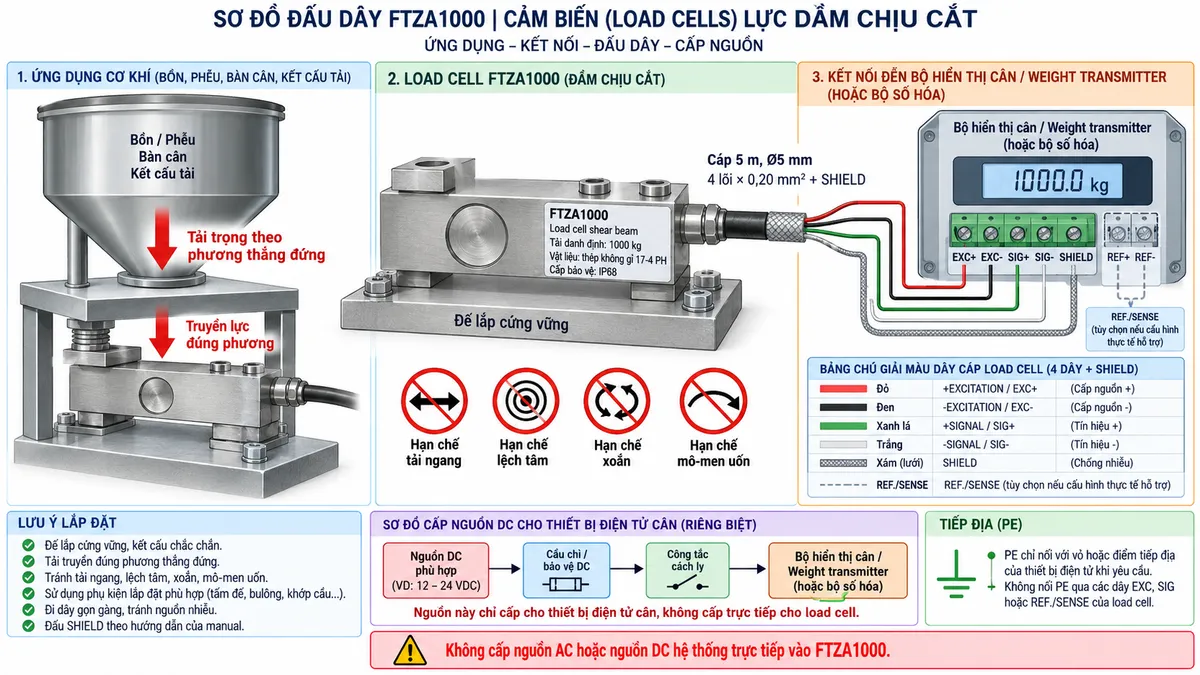 Sơ đồ đấu dây/kết nối kỹ thuật Laumas FTZA1000 trên nền trắng, bố cục ngang. Bên trái thể hiện bồn, phễu, bàn cân hoặc kết cấu tải truyền lực thẳng đứng qua bộ gá cơ khí phù hợp tới load cell shear beam FTZA1000 tải danh định 1000 kg ở giữa, thân thép không gỉ 17-4 PH, cấp bảo vệ IP68. Thể hiện đế lắp cứng vững và bộ gá giúp tải truyền đúng phương; ghi chú hạn chế tải ngang, lệch tâm, xoắn và mô-men uốn. Từ FTZA1000 vẽ cáp dài 5 m, đường kính 5 mm, cấu hình tiêu chuẩn 4 lõi × 0,20 mm² cùng SHIELD sang bộ hiển thị cân, Weight transmitter hoặc bộ số hóa ở bên phải. Thể hiện +EXCITATION/EXC+ màu đỏ và -EXCITATION/EXC- màu đen từ thiết bị điện tử cân cấp kích thích tới load cell; +SIGNAL/SIG+ màu xanh lá và -SIGNAL/SIG- màu trắng truyền tín hiệu vi sai từ load cell về thiết bị. SHIELD đi cùng cáp và đấu theo manual. REF./SENSE chỉ thể hiện dưới dạng tùy chọn nếu cấu hình thực tế có hỗ trợ, không tự gán vào cấu hình 4 dây. Phía dưới vẽ nguồn DC phù hợp cấp riêng cho thiết bị điện tử cân qua cầu chì hoặc thiết bị bảo vệ DC và công tắc cách ly; PE chỉ nối với vỏ hoặc điểm tiếp địa của thiết bị điện tử khi yêu cầu và không đi qua các đường EXC, SIG hoặc REF./SENSE. Ghi chú rõ không cấp nguồn AC hoặc nguồn DC hệ thống trực tiếp vào FTZA1000.