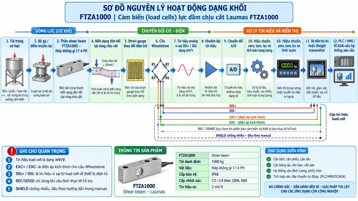 Sơ đồ nguyên lý hoạt động dạng khối của Laumas FTZA1000 trên nền trắng, bố cục ngang. Luồng chính gồm: Tải trọng cơ học → Bộ gá hoặc điểm truyền lực → Thân shear beam FTZA1000 bằng thép không gỉ 17-4 PH → Biến dạng đàn hồi tại vùng chịu cắt → Strain gauge thay đổi điện trở → Cầu Wheatstone → Tín hiệu analog vi sai SIG+/SIG- dạng mV/V → Khuếch đại tín hiệu → Chuyển đổi A/D → Hiệu chuẩn, zero, tare, lọc và tính toán trọng lượng → Bộ hiển thị cân hoặc Weight transmitter → PLC/HMI/SCADA nếu hệ thống yêu cầu. Vẽ EXC+/EXC- từ bộ điện tử cân cấp điện áp kích thích trở lại cầu Wheatstone và SIG+/SIG- truyền tín hiệu theo chiều từ cầu đo về thiết bị điện tử. REF./SENSE chỉ thể hiện dưới dạng tùy chọn khi phiên bản cảm biến và thiết bị đọc thực tế hỗ trợ. SHIELD thể hiện đi cùng cáp tín hiệu và đấu theo hướng dẫn trong manual.