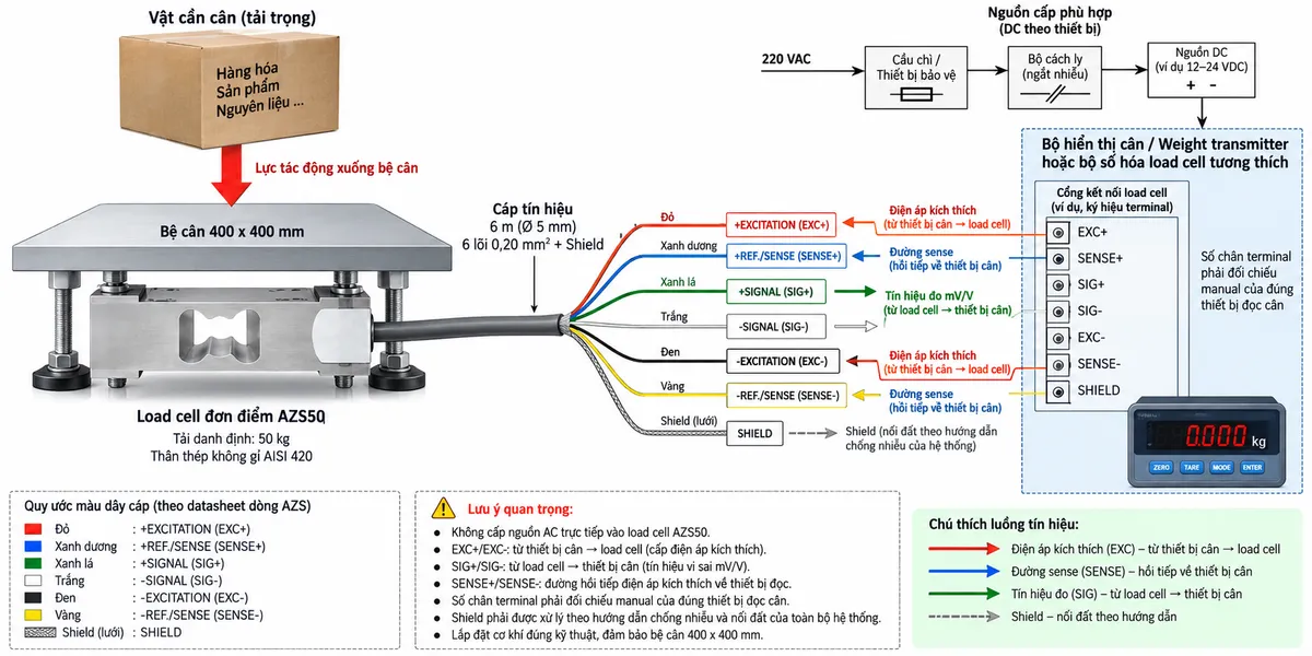 Vẽ sơ đồ đấu dây/kết nối kỹ thuật cho cảm biến load cell đơn điểm Laumas AZS50 trên nền trắng, bố cục ngang. Bên trái thể hiện vật cần cân tác động xuống bệ cân 400 x 400 mm; lực truyền tới load cell single-point AZS50 tải danh định 50 kg, thân thép không gỉ AISI 420 ở giữa. Từ AZS50 vẽ cáp dài 6 m, đường kính 5 mm, gồm 6 lõi 0,20 mm² và shield sang bộ hiển thị cân, weight transmitter hoặc bộ số hóa load cell tương thích ở bên phải. Thể hiện theo datasheet dòng AZS: +SIGNAL màu xanh lá, +EXCITATION màu đỏ, +REF./SENSE màu xanh dương, -SIGNAL màu trắng, -EXCITATION màu đen, -REF./SENSE màu vàng và SHIELD. Vẽ EXC+/EXC- theo chiều từ thiết bị điện tử cân tới load cell để cấp điện áp kích thích; SIG+/SIG- theo chiều từ load cell về thiết bị xử lý để truyền tín hiệu vi sai mV/V; SENSE+/SENSE- là đường hồi tiếp điện áp kích thích về thiết bị đọc. Vẽ riêng nguồn cấp phù hợp cho bộ hiển thị/transmitter đi qua cầu chì hoặc thiết bị bảo vệ và điểm cách ly trước khi vào thiết bị. Ghi rõ không cấp nguồn AC trực tiếp vào AZS50; số chân terminal phải đối chiếu manual của đúng thiết bị đọc cân; shield phải được xử lý theo hướng dẫn chống nhiễu và nối đất của toàn bộ hệ thống. Dùng mũi tên và chú thích tiếng Việt để phân biệt luồng lực cơ học, điện áp kích thích, tín hiệu đo, đường sense và shield.