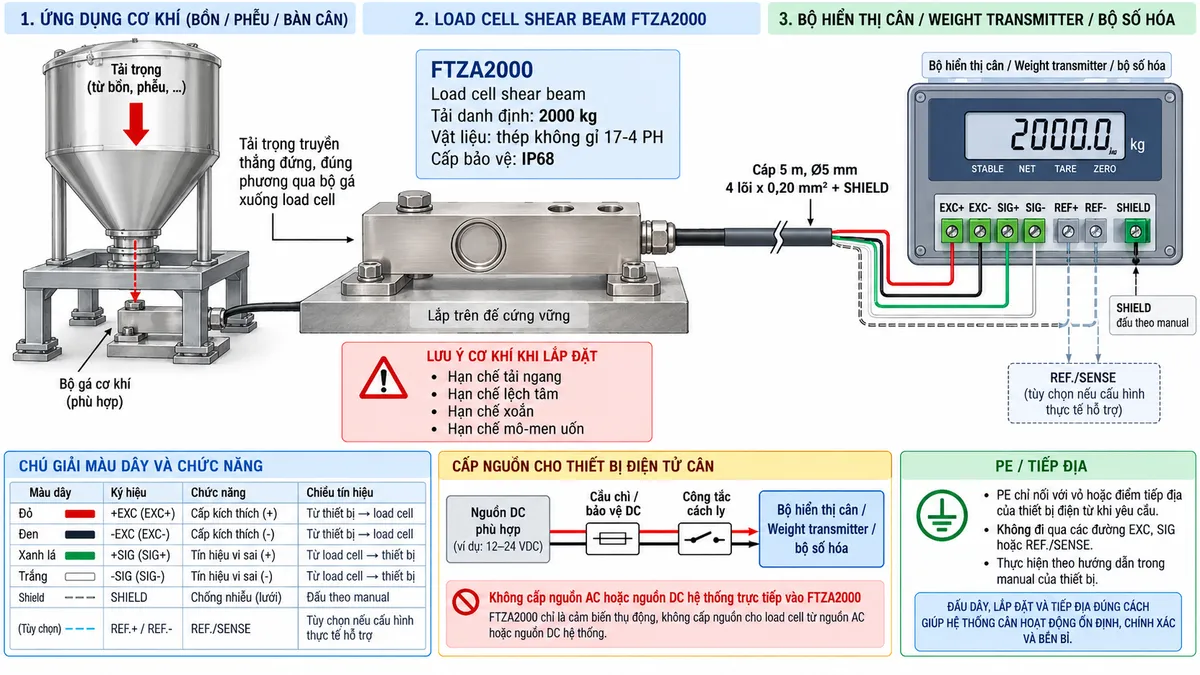 Sơ đồ đấu dây/kết nối kỹ thuật Laumas FTZA2000 trên nền trắng, bố cục ngang. Bên trái thể hiện bồn, phễu, bàn cân hoặc kết cấu tải truyền lực thẳng đứng qua bộ gá cơ khí phù hợp tới load cell shear beam FTZA2000 tải danh định 2000 kg ở giữa, thân thép không gỉ 17-4 PH, cấp bảo vệ IP68. Thể hiện đế lắp cứng vững và bộ gá giúp tải truyền đúng phương; ghi chú hạn chế tải ngang, lệch tâm, xoắn và mô-men uốn. Từ FTZA2000 vẽ cáp dài 5 m, đường kính 5 mm, cấu hình tiêu chuẩn 4 lõi × 0,20 mm² cùng SHIELD sang bộ hiển thị cân, Weight transmitter hoặc bộ số hóa ở bên phải. Thể hiện +EXCITATION/EXC+ màu đỏ và -EXCITATION/EXC- màu đen từ thiết bị điện tử cân cấp kích thích tới load cell; +SIGNAL/SIG+ màu xanh lá và -SIGNAL/SIG- màu trắng truyền tín hiệu vi sai từ load cell về thiết bị. SHIELD đi cùng cáp và đấu theo manual. REF./SENSE chỉ thể hiện dưới dạng tùy chọn nếu cấu hình cảm biến thực tế có hỗ trợ, không tự gán vào cấu hình tiêu chuẩn 4 dây. Phía dưới vẽ nguồn DC phù hợp cấp riêng cho thiết bị điện tử cân qua cầu chì hoặc thiết bị bảo vệ DC và công tắc cách ly; PE chỉ nối với vỏ hoặc điểm tiếp địa của thiết bị điện tử khi yêu cầu, không đi qua các đường EXC, SIG hoặc REF./SENSE. Ghi chú rõ không cấp nguồn AC hoặc nguồn DC hệ thống trực tiếp vào FTZA2000.