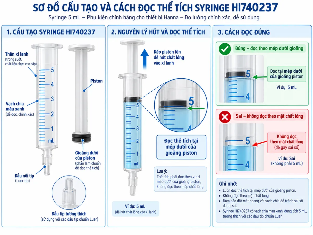 Sơ đồ cấu tạo syringe HI740237 gồm thân xi lanh chia vạch 5 mL màu xanh, piston, đầu nối tip và cách đọc thể tích theo vị trí gioăng dưới của piston