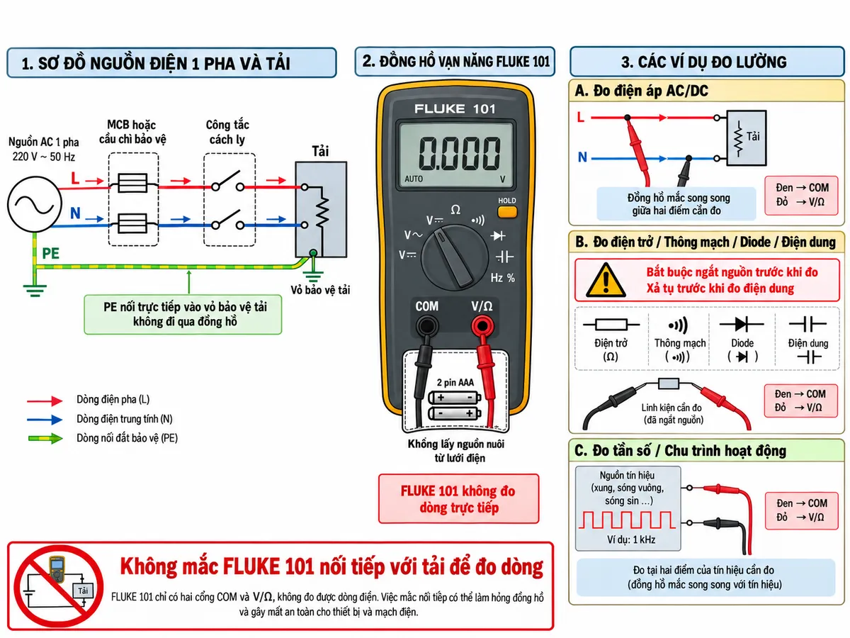 Vẽ sơ đồ đấu dây và kết nối Đồng hồ vạn năng FLUKE 101 trên nền trắng, bố cục ngang, chú thích tiếng Việt. Bên trái thể hiện nguồn AC 1 pha gồm L, N và PE đi qua MCB hoặc cầu chì bảo vệ và công tắc cách ly trước khi cấp cho tải; dây PE đi trực tiếp tới vỏ bảo vệ của tải và không đi qua đồng hồ. Ở giữa vẽ FLUKE 101 sử dụng 2 pin AAA bên trong, không lấy nguồn nuôi từ lưới điện; thể hiện đúng hai đầu vào của thiết bị là COM và V/Ω, không vẽ cổng A hay mA vì FLUKE 101 không đo dòng trực tiếp. Minh họa nhánh đo điện áp AC/DC với que đen cắm COM, que đỏ cắm V/Ω và đồng hồ mắc song song giữa hai điểm cần đo. Minh họa nhánh đo điện trở, thông mạch, diode và điện dung bằng cùng hai cổng COM và V/Ω, kèm ký hiệu bắt buộc ngắt nguồn và xả tụ trước khi đo. Minh họa nhánh đo tần số/chu trình hoạt động bằng que đo đặt tại hai điểm tín hiệu phù hợp. Dùng mũi tên rõ ràng cho đường nguồn và đường đo, ghi chú không mắc FLUKE 101 nối tiếp với tải để đo dòng.