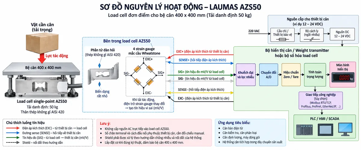 Vẽ sơ đồ nguyên lý hoạt động dạng khối cho Laumas AZS50 trên nền trắng, bố cục ngang. Bắt đầu từ vật cần cân/tải trọng cơ học tác động xuống bệ cân 400 x 400 mm; lực truyền tới load cell single-point AZS50 tải danh định 50 kg. Bên trong cảm biến thể hiện phần tử đàn hồi bằng thép không gỉ AISI 420 và bốn strain gauge mắc thành cầu Wheatstone. Từ bộ hiển thị cân hoặc weight transmitter vẽ nhánh EXC+/EXC- cấp điện áp kích thích vào cầu đo và SENSE+/SENSE- hồi tiếp điện áp kích thích về thiết bị đọc. Khi tải tác động, phần tử đàn hồi biến dạng làm điện trở strain gauge thay đổi và tạo tín hiệu vi sai SIG+/SIG- dạng mV/V. Tín hiệu tiếp tục qua các khối khuếch đại và lọc, chuyển đổi A/D, hiệu chuẩn/Zero/Tare, tính toán trọng lượng rồi tới màn hình hiển thị. Nếu bộ điện tử cân hỗ trợ giao tiếp công nghiệp thì thêm nhánh dữ liệu đã xử lý tới PLC/HMI/SCADA. Phân biệt rõ bằng mũi tên và chú thích tiếng Việt cho luồng lực cơ học, điện áp kích thích, hồi tiếp sense, tín hiệu đo mV/V và dữ liệu số sau xử lý.