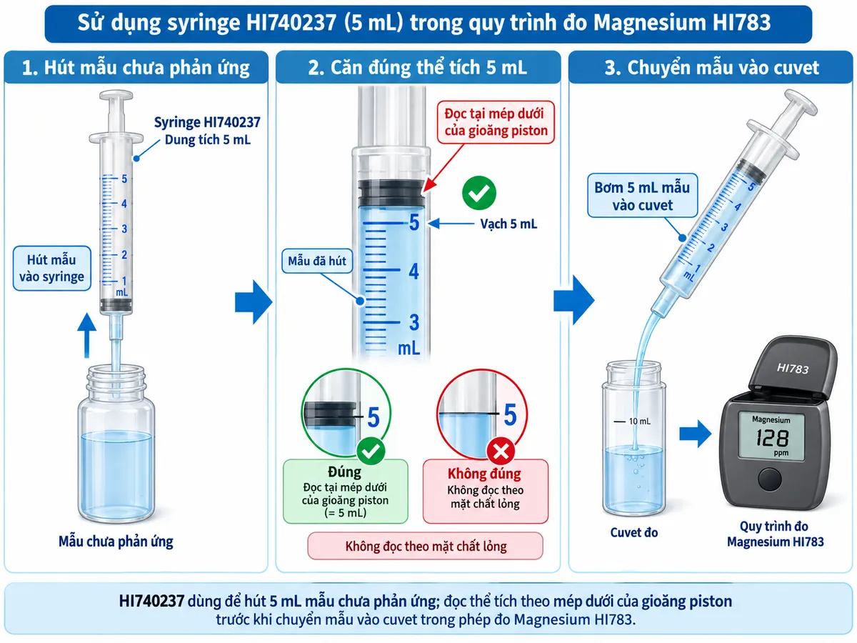 Sơ đồ nguyên lý HI740237 hút 5 mL mẫu chưa phản ứng, căn gioăng piston tại vạch 5 mL rồi chuyển mẫu vào cuvet trong quy trình đo Magnesium HI783