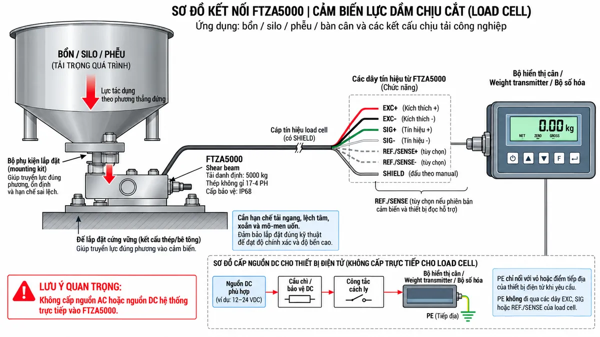 Sơ đồ đấu dây/kết nối kỹ thuật Laumas FTZA5000 trên nền trắng, bố cục ngang. Bên trái thể hiện bồn, silo, phễu, bàn cân hoặc kết cấu tải lớn truyền lực thẳng đứng qua bộ gá cơ khí phù hợp tới load cell shear beam FTZA5000 tải danh định 5000 kg ở giữa, thân thép không gỉ 17-4 PH, cấp bảo vệ IP68. Thể hiện đế lắp cứng vững và bộ gá giúp tải truyền đúng phương; ghi chú hạn chế tải ngang, lệch tâm, xoắn và mô-men uốn. Từ FTZA5000 vẽ cáp load cell có các đường chức năng EXC+, EXC-, SIG+, SIG- và SHIELD sang bộ hiển thị cân, Weight transmitter hoặc bộ số hóa ở bên phải; REF./SENSE chỉ thể hiện dưới dạng tùy chọn nếu phiên bản cảm biến thực tế và thiết bị đọc hỗ trợ. Không tự gán màu hoặc pinout cho các đường chưa được xác nhận trong datasheet đúng phiên bản. SHIELD đi cùng cáp tín hiệu và đấu theo manual. Phía dưới vẽ nguồn DC phù hợp cấp riêng cho thiết bị điện tử cân qua cầu chì hoặc thiết bị bảo vệ DC và công tắc cách ly; PE chỉ nối với vỏ hoặc điểm tiếp địa của thiết bị điện tử khi yêu cầu, không đi qua các đường EXC, SIG hoặc REF./SENSE. Ghi chú rõ không cấp nguồn AC hoặc nguồn DC hệ thống trực tiếp vào FTZA5000.