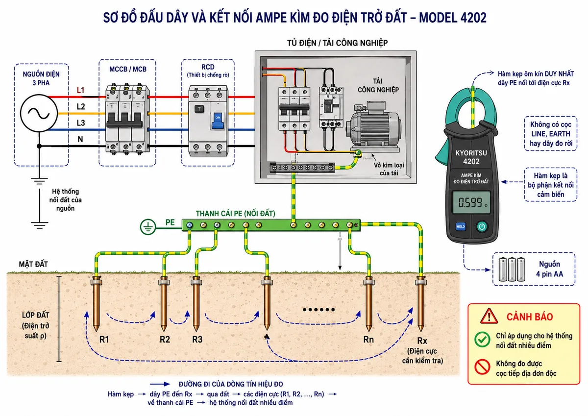 Sơ đồ đấu dây và kết nối Ampe kìm đo điện trở đất KYORITSU 4202 trên nền trắng, bố cục ngang, nhãn tiếng Việt; thể hiện nguồn điện ba pha đi qua MCCB hoặc MCB và thiết bị bảo vệ RCD đến tủ điện hoặc tải công nghiệp; vỏ kim loại của tải nối với thanh cái PE, từ thanh PE đi đến nhiều điện cực tiếp địa liên kết song song; hàm kẹp KYORITSU 4202 ôm kín duy nhất dây PE nối đến điện cực cần kiểm tra Rx; ghi rõ máy không có cọc LINE, EARTH hay dây đo rời, hàm kẹp là bộ phận kết nối cảm biến; nguồn nội bộ gồm 4 pin AA; bổ sung các điện trở đất còn lại R1, R2 đến Rn tạo đường vòng về đất, mũi tên dòng tín hiệu đo, cảnh báo chỉ áp dụng cho hệ thống nối đất nhiều điểm và không đo được cọc tiếp địa đơn độc