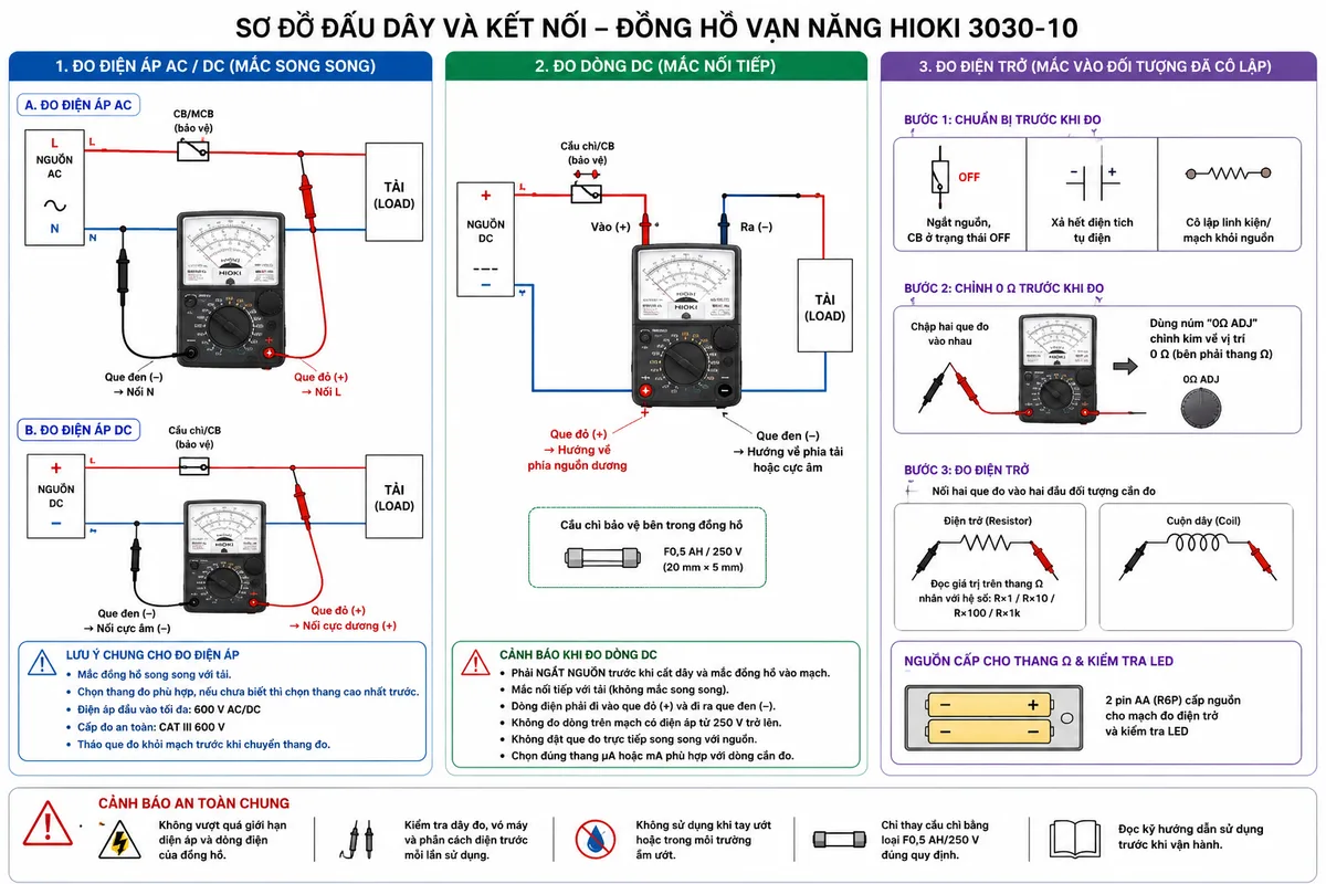 Vẽ sơ đồ đấu dây và kết nối dành riêng cho Đồng hồ vạn năng HIOKI 3030-10, nền trắng, bố cục ngang, nhãn tiếng Việt, chia thành ba vùng rõ ràng. Vùng đo điện áp AC/DC: nguồn hoặc tủ điện đi qua CB/MCB bảo vệ đến tải, que đỏ cắm cực + và nối L hoặc cực dương, que đen cắm cực − và nối N hoặc cực âm, đồng hồ mắc song song với tải; ghi điện áp đầu vào tối đa 600 V AC/DC và CAT III 600 V. Vùng đo dòng DC: nguồn DC, cầu chì hoặc thiết bị bảo vệ, HIOKI 3030-10 và tải mắc nối tiếp; que đỏ hướng về phía nguồn dương, que đen hướng về tải hoặc cực âm; thể hiện cầu chì nội bộ F0,5 AH/250 V và cảnh báo phải ngắt nguồn trước khi đấu nối, không đo dòng trên mạch từ 250 V trở lên. Vùng đo điện trở: đối tượng đo được cô lập khỏi nguồn, CB ở trạng thái OFF, tụ điện đã phóng điện, hai que đo nối hai đầu điện trở hoặc cuộn dây; thể hiện 2 pin AA bên trong cấp nguồn cho mạch đo Ω và bước chập que đo để chỉnh 0 Ω trước khi đo. Dùng mũi tên chỉ luồng kết nối, ký hiệu rõ cực +, cực −, nguồn, tải và thiết bị bảo vệ.