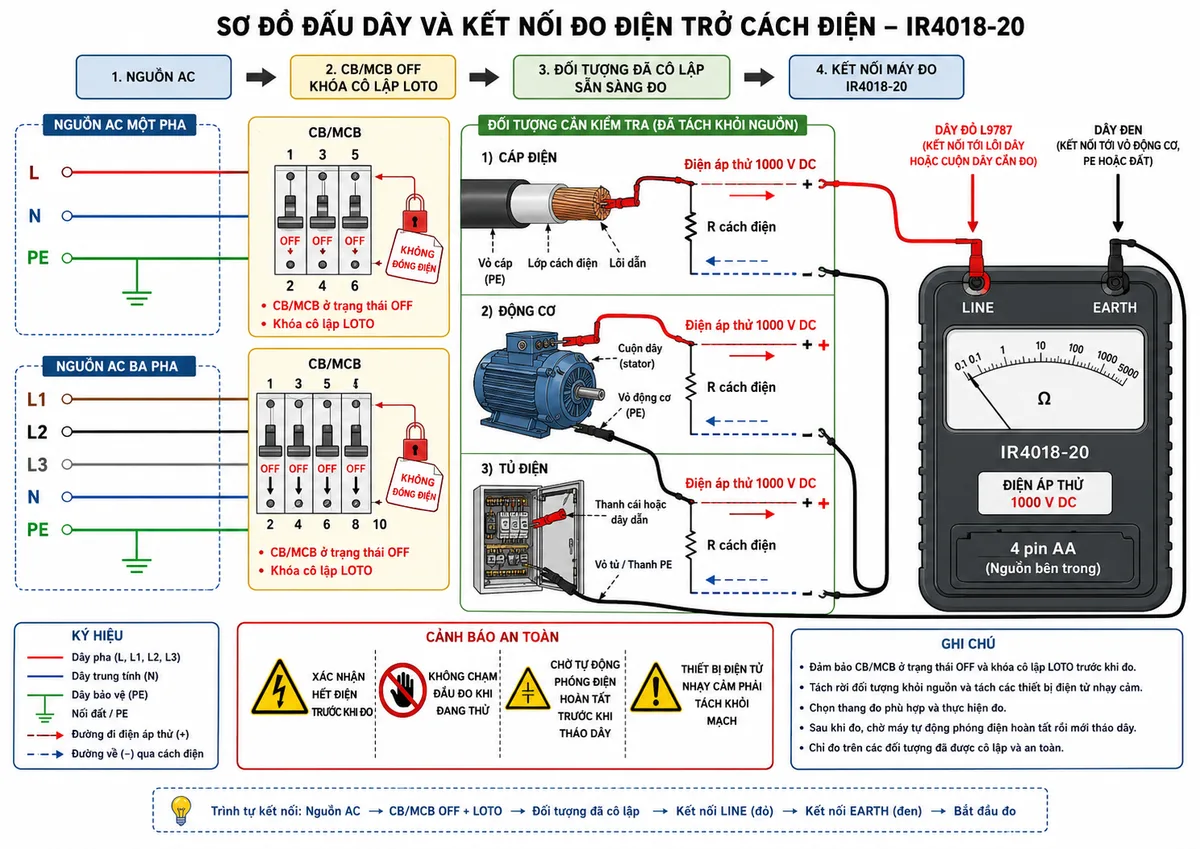 Vẽ sơ đồ đấu dây và kết nối đo điện trở cách điện bằng Máy đo điện trở cách điện HIOKI IR4018-20, nền trắng, bố cục ngang, nhãn tiếng Việt, phong cách kỹ thuật điện công nghiệp. Thể hiện nguồn điện AC một pha L-N-PE hoặc ba pha L1-L2-L3-N-PE đi qua MCB hoặc CB bảo vệ; CB ở trạng thái OFF và có khóa cô lập LOTO trước khi đo. Phía sau CB là tải hoặc đối tượng cần kiểm tra gồm cáp điện, động cơ và tủ điện đã được tách khỏi nguồn cùng các thiết bị điện tử nhạy cảm. Vẽ HIOKI IR4018-20 được cấp nguồn nội bộ bằng 4 pin AA; cực LINE nối dây đỏ L9787 tới lõi dây hoặc cuộn dây cần đo, cực EARTH nối dây đen tới vỏ động cơ, PE hoặc đất. Dùng mũi tên chỉ điện áp thử 1000 V DC từ LINE qua lớp cách điện về EARTH, ghi cảnh báo xác nhận hết điện, không chạm đầu đo và chờ tự động phóng điện hoàn tất trước khi tháo dây.