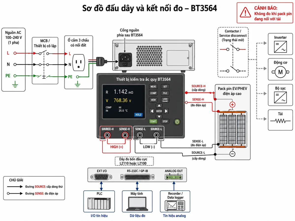 Vẽ sơ đồ đấu dây và kết nối đo của Thiết bị kiểm tra ắc quy HIOKI BT3564, nền trắng, bố cục ngang, nhãn tiếng Việt, phong cách kỹ thuật điện công nghiệp. Thể hiện nguồn AC một pha 100–240 V gồm L, N và PE đi qua MCB hoặc thiết bị cô lập bảo vệ, tới ổ cắm ba chấu có nối đất và cổng nguồn phía sau BT3564. Tại mặt trước thiết bị, vẽ rõ bốn cực SOURCE-H, SENSE-H, SENSE-L và SOURCE-L; dây đỏ phía HIGH và dây đen phía LOW của bộ dây đo bốn đầu cực L2110 hoặc L2100 nối tới cực dương và cực âm của pack pin EV/PHEV điện áp cao. Thể hiện đường SOURCE cấp dòng thử và đường SENSE đo điện áp độc lập tại từng cực. Vẽ contactor hoặc service disconnect đang mở để cách ly pack pin khỏi inverter, động cơ, bộ sạc và tải; ghi cảnh báo không đo khi pack pin đang nối với tải. Bổ sung nhánh EXT I/O tới PLC, RS-232C hoặc GP-IB tới máy tính và ngõ ra analog tới recorder hoặc data logger, dùng mũi tên chỉ rõ luồng tín hiệu và dữ liệu.