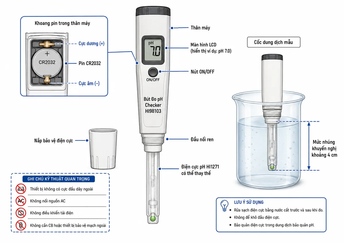 Sơ đồ kết nối sử dụng Bút Đo pH Checker Hanna HI98103, nền trắng, bố cục ngang, nhãn tiếng Việt; thể hiện pin CR2032 với cực dương và cực âm tiếp xúc khoang pin trong thân máy, nút ON/OFF, màn hình LCD, đầu nối ren giữa thân máy và điện cực pH HI1271, nắp bảo vệ điện cực và cốc dung dịch mẫu; đầu điện cực được nhúng đến mức khuyến nghị khoảng 4 cm; ghi chú rõ thiết bị không có cực đấu dây ngoài, không nối nguồn AC, không điều khiển tải điện và không cần CB hoặc thiết bị bảo vệ mạch ngoài