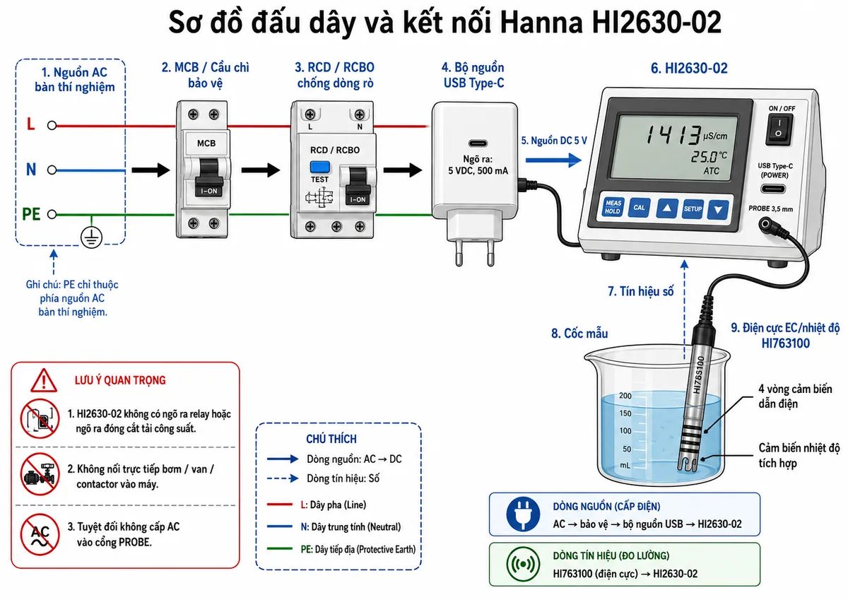 Vẽ sơ đồ đấu dây và kết nối của Hanna HI2630-02 trên nền trắng: nguồn AC của bàn thí nghiệm đi qua MCB/cầu chì và thiết bị chống dòng rò RCD/RCBO phù hợp, sau đó cấp cho bộ nguồn USB Type-C; từ bộ nguồn tạo 5 VDC, 500 mA đưa tới cổng nguồn USB Type-C của HI2630-02. Thể hiện công tắc ON/OFF của máy. Cổng PROBE dạng jack kỹ thuật số 3,5 mm nối với điện cực EC/nhiệt độ HI763100 đặt trong cốc mẫu. Trên HI763100 thể hiện bốn vòng cảm biến dẫn điện và cảm biến nhiệt độ tích hợp. Ghi chú rõ HI2630-02 không có ngõ ra relay hoặc ngõ ra đóng cắt tải công suất, không nối bơm/van/contactor trực tiếp vào máy và tuyệt đối không cấp AC vào cổng PROBE. Thể hiện mũi tên nguồn từ AC → bảo vệ → bộ nguồn USB → HI2630-02 và mũi tên tín hiệu từ HI763100 → HI2630-02.