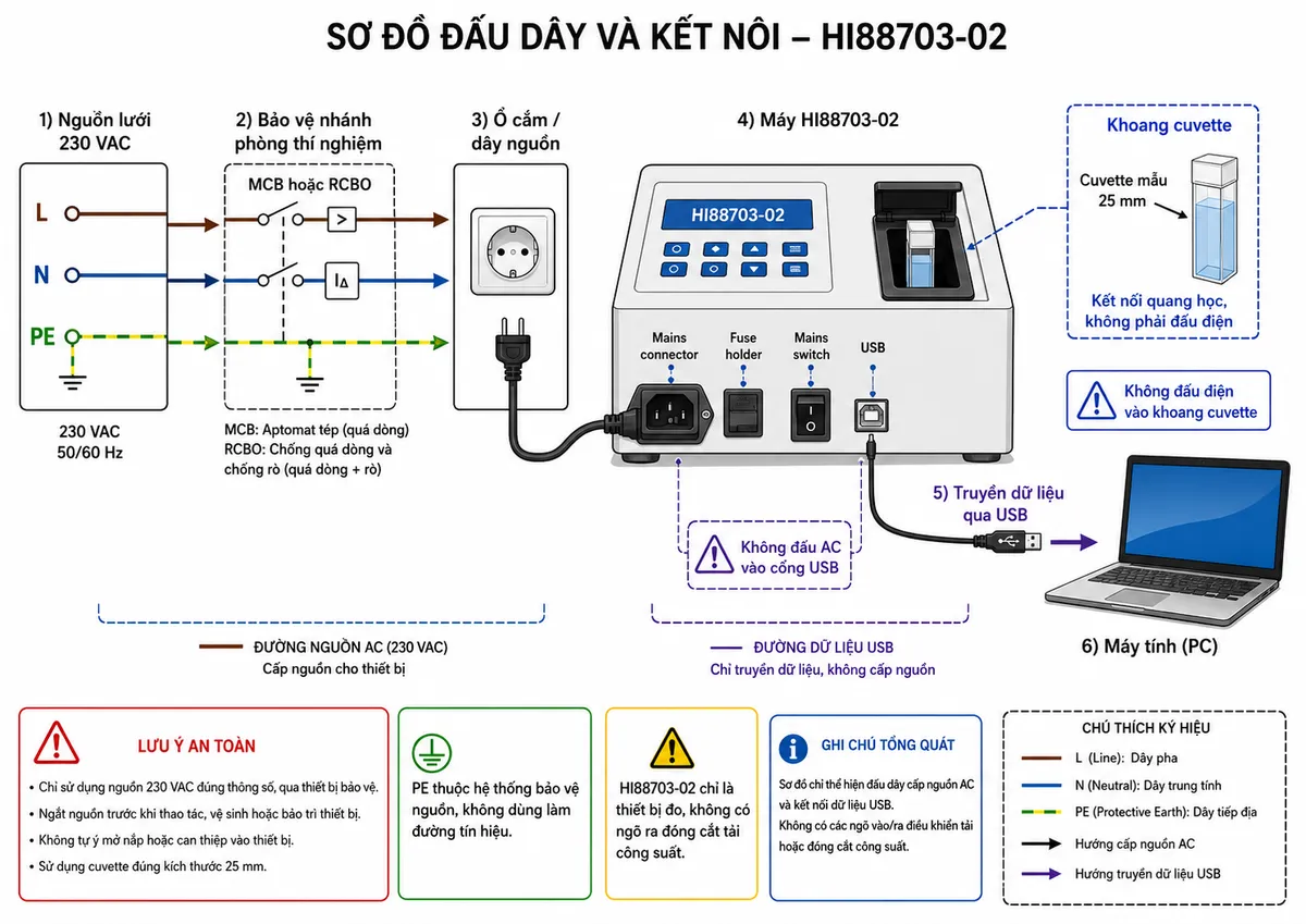 Vẽ sơ đồ đấu dây và kết nối Hanna HI88703-02 trên nền trắng, bố cục ngang. Thể hiện nguồn lưới 230 VAC gồm L, N và PE đi qua MCB hoặc RCBO bảo vệ nhánh phòng thí nghiệm, sau đó qua ổ cắm/dây nguồn phù hợp tới cổng Mains connector của HI88703-02; thể hiện Fuse holder và Mains switch của máy. Từ HI88703-02 vẽ cổng USB nối tới máy tính để truyền dữ liệu. Bên cạnh máy thể hiện khoang cuvette với cuvette mẫu 25 mm đặt bên trong nhưng ghi rõ đây là kết nối quang học, không phải đấu điện. Ghi chú rõ HI88703-02 chỉ là thiết bị đo, không có ngõ ra đóng cắt tải công suất, không đấu AC vào cổng USB hoặc khoang cuvette; PE thuộc hệ thống bảo vệ nguồn và không được dùng làm đường tín hiệu.