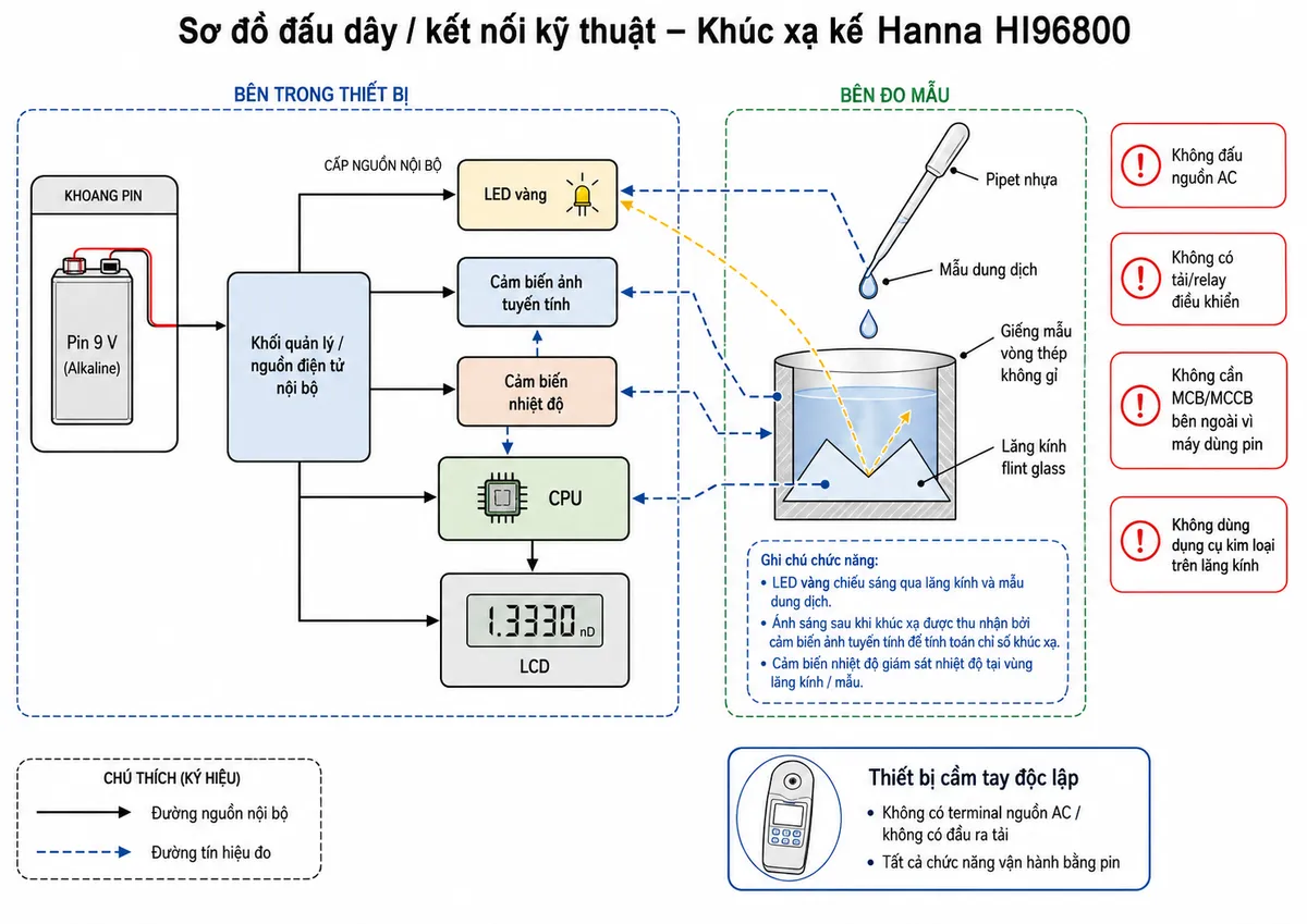 Sơ đồ đấu dây/kết nối kỹ thuật của khúc xạ kế Hanna HI96800 trên nền trắng: thể hiện rõ đây là thiết bị cầm tay độc lập không có terminal nguồn AC và không có đầu ra tải; nguồn pin 9 V lắp trong khoang pin → khối quản lý/nguồn điện tử nội bộ → CPU, LED vàng, cảm biến ảnh tuyến tính, cảm biến nhiệt độ và LCD; phía đo mẫu thể hiện pipet nhựa → mẫu dung dịch → giếng mẫu vòng thép không gỉ và lăng kính flint glass. Ghi chú rõ “Không đấu nguồn AC”, “Không có tải/relay điều khiển”, “Không cần MCB/MCCB bên ngoài vì máy dùng pin”, “Không dùng dụng cụ kim loại trên lăng kính”; phân biệt đường nguồn nội bộ và đường tín hiệu đo.