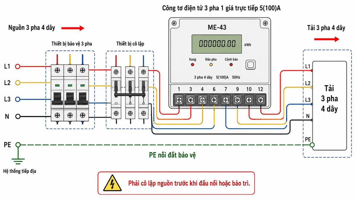 Sơ đồ đấu dây Công tơ điện tử 3 pha 1 giá trực tiếp 5(100)A EMIC ME-43 trên nền trắng, bố cục ngang; nguồn điện 3 pha 4 dây L1, L2, L3, N ở bên trái đi qua thiết bị bảo vệ 3 pha phù hợp và thiết bị cô lập để bảo trì; sau đó đấu trực tiếp vào công tơ ME-43 theo sơ đồ chính hãng: L1 vào cực 1 và ra cực 3, L2 vào cực 4 và ra cực 6, L3 vào cực 7 và ra cực 9, N vào cực 10 và ra cực 12; phía phải là tải 3 pha 4 dây; dây PE từ hệ thống tiếp địa đi thẳng tới tải và không đi qua công tơ; thể hiện rõ thân công tơ, màn hình LCD, tên model ME-43, các số cực, mũi tên chiều cấp điện và ghi chú phải cô lập nguồn trước khi đấu nối hoặc bảo trì.
