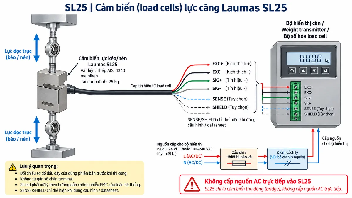 Vẽ sơ đồ đấu dây/kết nối kỹ thuật cho cảm biến lực kéo/nén Laumas SL25 trên nền trắng, bố cục ngang. Bên trái thể hiện tải hoặc cơ cấu thanh kéo truyền lực dọc trục qua các liên kết cơ khí hoặc khớp cầu phù hợp vào load cell SL25 tải danh định 25 kg. Ở giữa thể hiện SL25 dạng load cell kéo/nén bằng thép AISI 4340 mạ niken và cáp tín hiệu đi sang thiết bị điện tử cân. Thể hiện rõ các đường EXC+ và EXC- từ bộ hiển thị cân/weight transmitter cấp điện áp kích thích cho cầu đo, SIG+ và SIG- từ SL25 truyền tín hiệu vi sai về thiết bị đọc; nếu phiên bản thực tế có dây sense hoặc shield thì thể hiện theo đúng datasheet của cấu hình đó, không tự gán màu dây hoặc số chân terminal. Bên phải là bộ hiển thị cân, weight transmitter hoặc bộ số hóa load cell. Vẽ riêng nguồn cấp cho thiết bị đọc đi qua cầu chì hoặc thiết bị bảo vệ và điểm cách ly trước khi vào thiết bị; tuyệt đối không đưa nguồn AC trực tiếp vào SL25. Ghi chú shield phải xử lý theo hướng dẫn chống nhiễu EMC của toàn hệ thống và phải đối chiếu sơ đồ đấu dây của đúng phiên bản trước khi thi công.