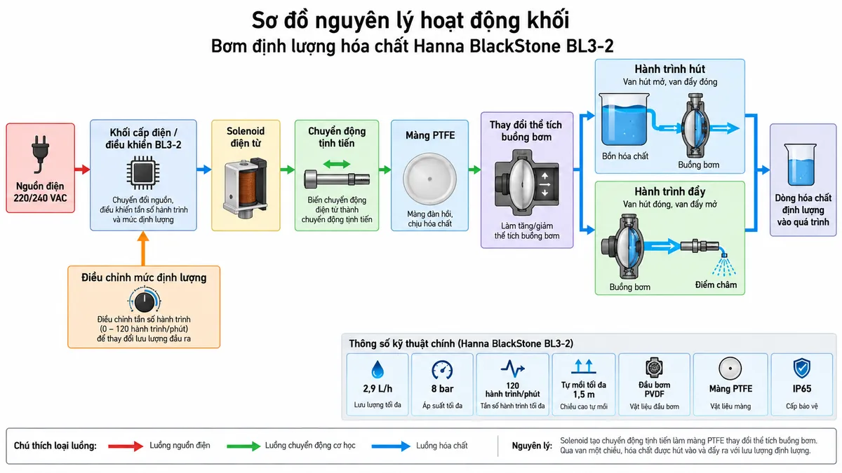 Vẽ sơ đồ đấu dây/kết nối kỹ thuật cho bơm định lượng hóa chất Hanna BlackStone BL7-2 trên nền trắng, bố cục ngang. Bên trái thể hiện “Bồn hóa chất” → “Lọc chân / van hút” → ống hút polyethylene 5 × 8 mm → “Bơm định lượng BL7-2” ở giữa → “Van đẩy” → ống đẩy → “Van phun / điểm châm hóa chất” → “Đường ống công nghệ” ở bên phải. Trên bơm ghi rõ “BL7-2”, “Lưu lượng tối đa: 7,6 L/h”, “Áp suất định mức: 3 bar”, “Đầu bơm PVDF”, “Màng PTFE”, “IP65”. Phía dưới vẽ nguồn điện 1 pha 220/240 VAC, 50/60 Hz với L, N và PE nếu cấu hình thực tế yêu cầu nối đất; nguồn đi qua “Cầu chì / MCB hoặc thiết bị bảo vệ phù hợp” → “Công tắc cách ly” → “Nguồn cấp BL7-2”. Không tự gán số chân terminal hoặc cấu tạo đầu nối nguồn khi chưa đối chiếu manual đúng phiên bản. Phân biệt rõ đường nguồn điện và đường hóa chất. Ghi chú kỹ thuật: kiểm tra chiều van hút và van đẩy; cố định ống chắc chắn; tránh lọt khí ở đường hút; chọn vật liệu đường ống và phụ kiện tương thích hóa chất; cách ly nguồn điện, khóa nguồn hóa chất và xả áp đường đẩy trước khi bảo trì.
