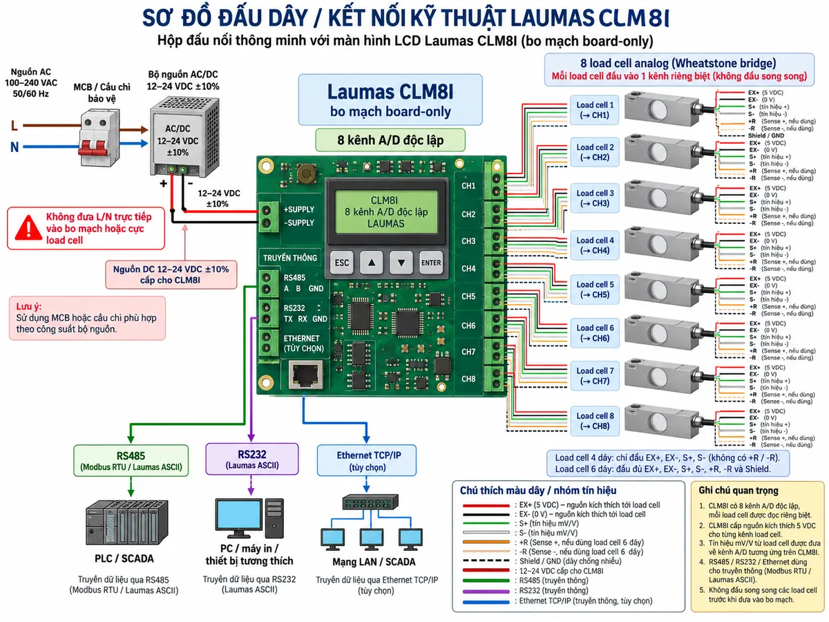Sơ đồ đấu dây/kết nối kỹ thuật của Laumas CLM8I trên nền trắng, bố cục ngang, chú thích tiếng Việt. Ở giữa là bo mạch CLM8I phiên bản board-only có màn hình LCD và bàn phím 4 phím, thể hiện 8 kênh load cell độc lập CH1 đến CH8. Bên phải bố trí 8 load cell analog cầu Wheatstone; mỗi load cell thể hiện S+/S- là tín hiệu, EX+/EX- là excitation và Ref./Sense +R/-R khi dùng load cell 6 dây, kèm shield/GND theo sơ đồ hãng. Thể hiện nguồn kích thích 5 VDC từ CLM8I tới load cell và tín hiệu mV/V từ từng load cell trở về kênh A/D tương ứng. Bên trái vẽ nguồn AC L/N đi qua cầu chì hoặc MCB phù hợp rồi qua bộ nguồn AC/DC để tạo 12–24 VDC ±10% cấp vào cực +SUPPLY/-SUPPLY của CLM8I; nhấn mạnh không đưa L/N trực tiếp vào bo mạch hoặc cực load cell. Phía dưới thể hiện RS485 nối PLC/SCADA qua Modbus RTU hoặc Laumas ASCII, RS232 nối PC/máy in/thiết bị tương thích và Ethernet TCP/IP ở dạng tùy chọn nối mạng LAN. Dùng mũi tên rõ chiều cho nguồn DC, excitation, tín hiệu cân và truyền thông; không tự gán số terminal nếu không thể hiện đúng tài liệu Laumas.