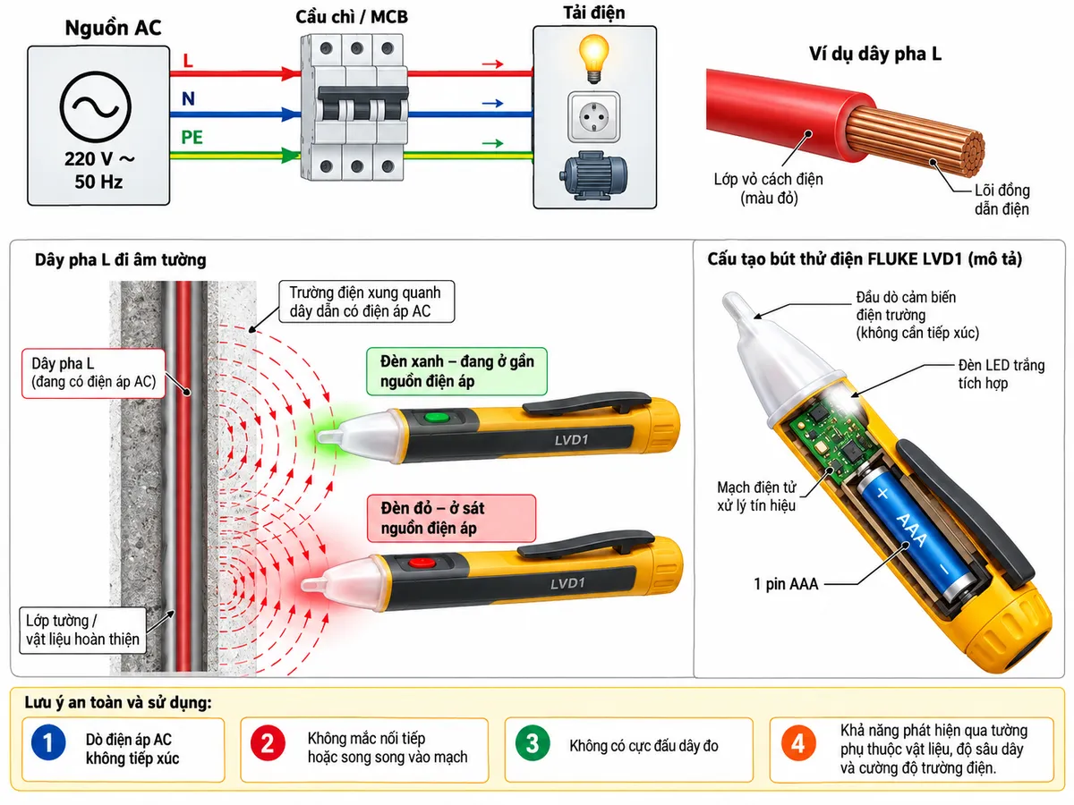 Sơ đồ kết nối kỹ thuật của Bút thử điện âm tường FLUKE LVD1 trên nền trắng, bố cục ngang, chú thích tiếng Việt. Bên trái thể hiện nguồn AC với các dây L-N-PE đi qua cầu chì hoặc MCB rồi cấp tới tải điện. Ở giữa phóng to dây pha L có lớp cách điện và một ví dụ dây pha đi phía sau lớp tường/vật liệu hoàn thiện; đầu cảm biến FLUKE LVD1 được đưa gần vị trí cần kiểm tra nhưng không chạm vào lõi dẫn điện. Thể hiện vùng phát hiện hai mức: “Đèn xanh – đang ở gần nguồn điện áp” và “Đèn đỏ – ở sát nguồn điện áp”. Bên phải thể hiện thân bút dùng 1 pin AAA và đèn LED trắng tích hợp. Ghi rõ “Dò điện áp AC không tiếp xúc”, “Không mắc nối tiếp hoặc song song vào mạch”, “Không có cực đấu dây đo”, “Khả năng phát hiện qua tường phụ thuộc vật liệu, độ sâu dây và cường độ trường điện”. Dây N và PE đi đúng đường tới tải, PE không đi qua bút dò.