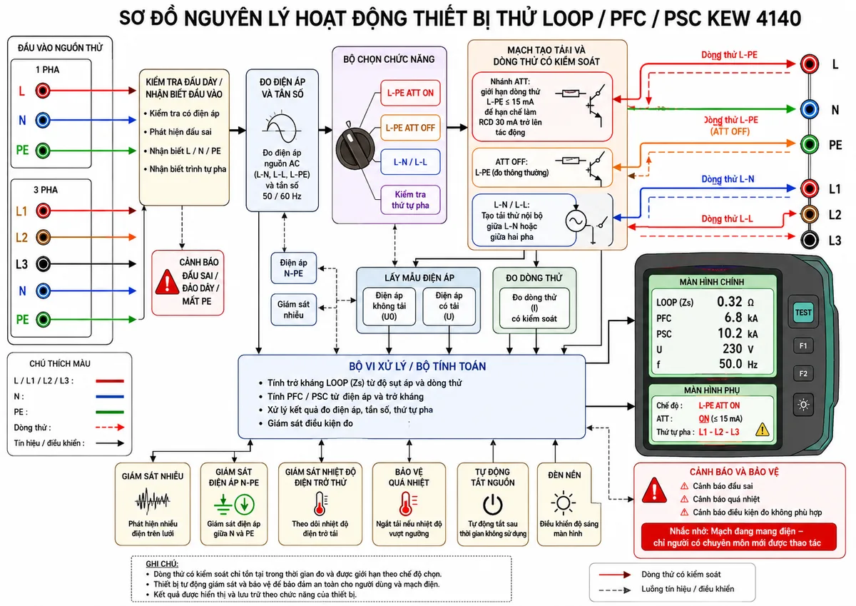 Vẽ sơ đồ nguyên lý hoạt động của Thiết bị thử LOOP / PFC / PSC KYORITSU KEW 4140 trên nền trắng, nhãn tiếng Việt; thể hiện đầu vào L, N, PE hoặc L1, L2, L3 đi qua khối kiểm tra đấu dây, khối đo điện áp và tần số, sau đó đến bộ chọn chức năng L-PE ATT ON, L-PE ATT OFF, L-N/L-L và kiểm tra thứ tự pha; thể hiện mạch tạo tải và dòng thử có kiểm soát, nhánh ATT giới hạn dòng thử L-PE không quá 15 mA để hạn chế làm RCD 30 mA trở lên tác động, khối lấy mẫu điện áp không tải và có tải, khối đo dòng, bộ vi xử lý tính trở kháng LOOP theo độ sụt áp và tính PFC/PSC từ điện áp cùng trở kháng; kết quả đi đến màn hình chính và màn hình phụ; bổ sung khối giám sát nhiễu, điện áp N-PE, nhiệt độ điện trở thử, cảnh báo đấu sai, bảo vệ quá nhiệt, đèn nền và tự động tắt nguồn; dùng mũi tên thể hiện đầy đủ luồng tín hiệu và luồng dòng thử