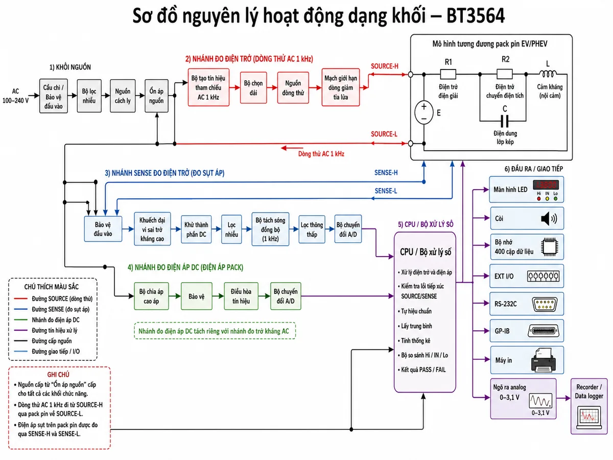 Vẽ sơ đồ nguyên lý hoạt động dạng khối của Thiết bị kiểm tra ắc quy HIOKI BT3564, nền trắng, bố cục ngang, nhãn tiếng Việt, phong cách kỹ thuật điện công nghiệp. Luồng nguồn bắt đầu từ AC 100–240 V qua cầu chì hoặc bảo vệ đầu vào, bộ lọc nhiễu, nguồn cách ly và các khối ổn áp cấp cho toàn bộ mạch. Nhánh đo điện trở gồm bộ tạo tín hiệu tham chiếu AC 1 kHz, bộ chọn dải, nguồn dòng thử và mạch giới hạn dòng giảm tia lửa; dòng đi qua SOURCE-H tới mô hình tương đương của pack pin gồm nguồn điện áp DC E, điện trở điện giải R1, điện trở chuyển điện tích R2, điện dung lớp kép C và thành phần cảm kháng L, sau đó quay về SOURCE-L. Hai đường SENSE-H và SENSE-L đưa điện áp sụt qua bảo vệ đầu vào, khuếch đại vi sai trở kháng cao, khử thành phần DC, lọc nhiễu, bộ tách sóng đồng bộ, lọc thông thấp và bộ chuyển đổi A/D. Vẽ riêng nhánh đo điện áp DC từ SENSE-H và SENSE-L qua bộ chia áp cao áp, bảo vệ, điều hòa tín hiệu và A/D. Cả hai nhánh đi tới CPU xử lý điện trở và điện áp, kiểm tra lỗi tiếp xúc SOURCE/SENSE, tự hiệu chuẩn, lấy trung bình, tính thống kê và bộ so sánh Hi/IN/Lo tạo PASS/FAIL. Từ CPU phân nhánh tới màn hình LED, còi, bộ nhớ 400 cặp dữ liệu, EXT I/O, RS-232C, GP-IB, máy in và ngõ ra analog 0–3,1 V tới recorder hoặc data logger.