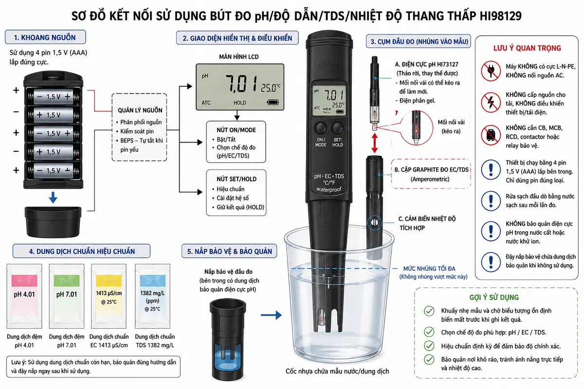 Vẽ sơ đồ nguyên lý hoạt động dạng khối của Bút Đo pH/Độ Dẫn/TDS/Nhiệt Độ Thang Thấp Hanna HI98129, nền trắng, bố cục ngang, phong cách kỹ thuật đo lường và nhãn tiếng Việt; luồng pH bắt đầu từ mẫu dung dịch chứa ion H+ đi tới màng thủy tinh của điện cực pH HI73127, so sánh với điện cực tham chiếu Ag/AgCl qua mối nối vải có thể kéo ra và điện phân gel để tạo điện thế mV, sau đó qua bảo vệ đầu vào, mạch đo trở kháng cao, khuếch đại và điều hòa tín hiệu, lọc nhiễu, bộ chuyển đổi A/D và vi điều khiển tính pH; luồng EC bắt đầu từ các ion hòa tan đi tới cặp bề mặt graphite amperometric, qua mạch kích thích, khối đo dòng và điện áp, khuếch đại, lọc, A/D rồi tới vi điều khiển tính EC trong thang 0–3999 µS/cm; từ giá trị EC tạo nhánh chuyển đổi sang TDS bằng hệ số CONV điều chỉnh 0,45–1,00; vẽ nhánh riêng từ cảm biến nhiệt độ tích hợp qua điều hòa tín hiệu và A/D tới vi điều khiển để bù nhiệt độ tự động, với hệ số β điều chỉnh 0,0–2,4%/°C; bổ sung nhánh hiệu chuẩn pH bằng dung dịch đệm, hiệu chuẩn EC/TDS một điểm và đầu ra tới màn hình LCD hiển thị pH, EC, TDS, nhiệt độ, ATC, CAL, HOLD, độ ổn định và mức pin.