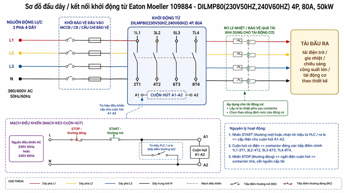 Sơ đồ nguyên lý hoạt động khởi động từ Eaton Moeller 109884 DILMP80(230V50HZ,240V60HZ): thể hiện các khối chức năng gồm nguồn điều khiển AC 230V 50Hz hoặc 240V 60Hz, nút STOP thường đóng, nút START thường mở hoặc tín hiệu PLC/rơ le, cuộn hút A1-A2, mạch từ/lõi hút, lò xo hồi vị, cụm tiếp điểm chính 4P 4NO, khối bảo vệ MCCB/CB/cầu chì/rơ le nhiệt và tải đầu ra; dùng mũi tên mô tả luồng tín hiệu làm cuộn hút hút lõi từ, đóng tiếp điểm chính cấp điện cho tải, khi mất tín hiệu điều khiển thì lò xo hồi vị mở tiếp điểm và ngắt tải; phong cách infographic kỹ thuật, sạch, nền trắng