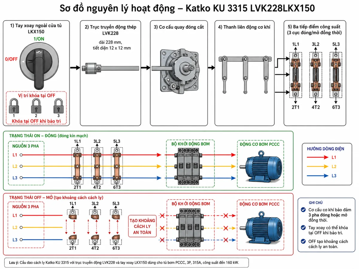 Vẽ sơ đồ khối nguyên lý hoạt động của cầu dao cách ly Katko KU 3315 LVK228LKX150 trên nền trắng, bố cục ngang. Từ trái sang phải gồm tay xoay ngoài cửa tủ LKX150 với hai vị trí 0/OFF và 1/ON, vị trí gắn ổ khóa an toàn tại OFF; trục truyền động thép LVK228 dài 228mm, tiết diện 12 x 12mm; cơ cấu quay đóng cắt; thanh liên động cơ khí; ba nhánh tác động đồng thời đến ba tiếp điểm công suất 1L1-2T1, 3L2-4T2 và 5L3-6T3. Minh họa trạng thái ON với ba tiếp điểm đóng và dòng điện đi từ nguồn đến bộ khởi động, động cơ bơm PCCC; trạng thái OFF với ba tiếp điểm mở tạo khoảng cách cách ly. Bổ sung chú thích rằng cơ cấu cơ khí bảo đảm ba pha được đóng hoặc mở đồng thời và tay xoay có thể khóa tại OFF khi bảo trì.