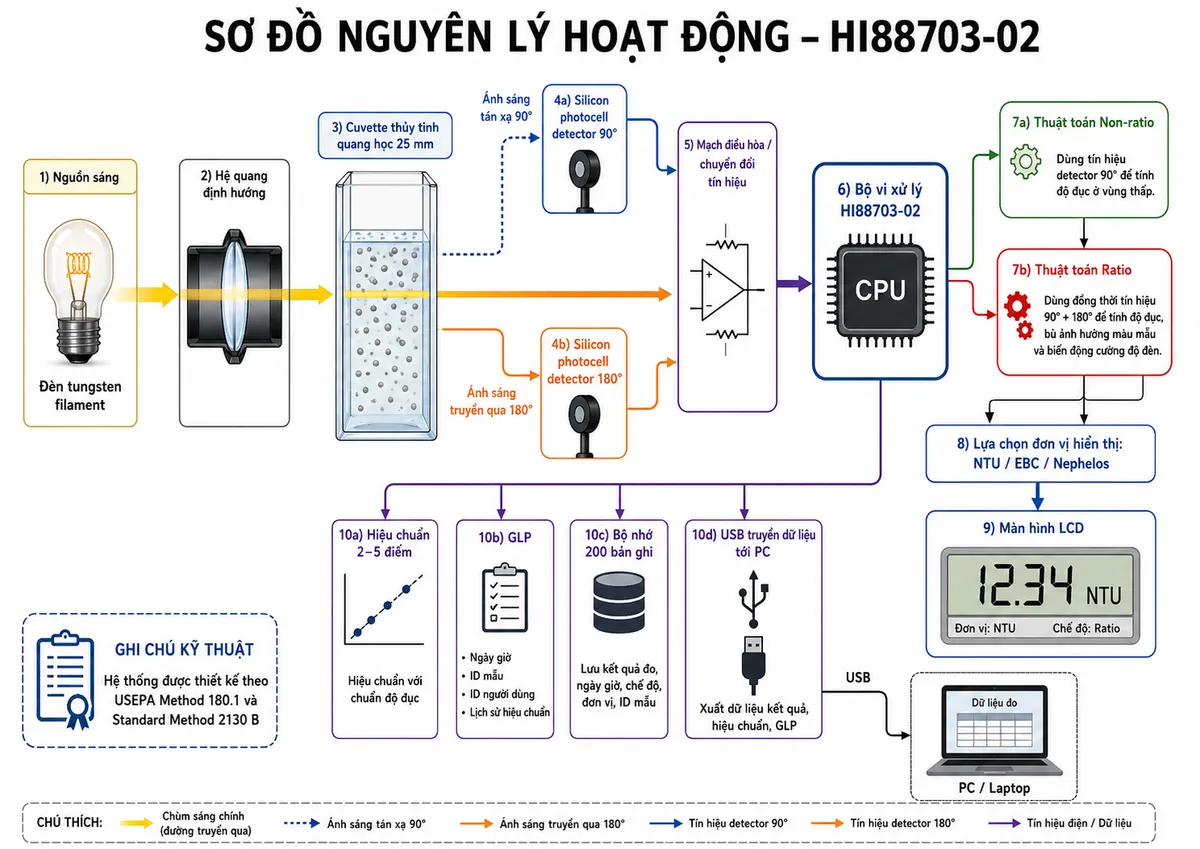 Vẽ sơ đồ nguyên lý hoạt động Hanna HI88703-02 trên nền trắng, bố cục ngang: đèn tungsten filament → hệ quang định hướng → cuvette thủy tinh quang học 25 mm chứa mẫu có hạt lơ lửng. Từ cuvette chia hai đường quang: ánh sáng tán xạ 90° → silicon photocell detector 90° và ánh sáng truyền qua 180° → silicon photocell detector 180°. Hai detector → mạch điều hòa/chuyển đổi tín hiệu → bộ vi xử lý HI88703-02. Từ CPU chia rõ hai thuật toán: Non-ratio sử dụng tín hiệu detector 90° để tính độ đục ở vùng thấp; Ratio sử dụng đồng thời tín hiệu 90° và 180° để tính độ đục, bù ảnh hưởng màu mẫu và biến động cường độ đèn. Tiếp tục từ CPU → lựa chọn đơn vị NTU/EBC/Nephelos → màn hình LCD; đồng thời thể hiện các khối hiệu chuẩn 2–5 điểm, GLP, bộ nhớ 200 bản ghi và USB truyền dữ liệu tới PC. Ghi chú hệ thống được thiết kế theo USEPA Method 180.1 và Standard Method 2130 B.