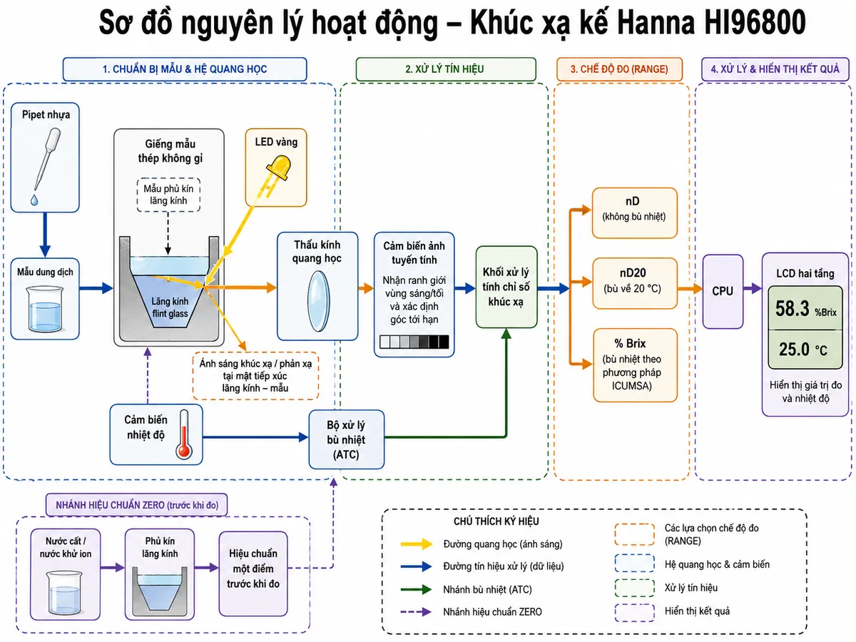 Sơ đồ nguyên lý hoạt động Hanna HI96800 dạng block diagram kỹ thuật trên nền trắng: mẫu dung dịch được nhỏ bằng pipet nhựa vào giếng mẫu thép không gỉ → mẫu phủ kín lăng kính flint glass → LED vàng phát ánh sáng qua lăng kính → ánh sáng khúc xạ/phản xạ tại mặt tiếp xúc lăng kính–mẫu → thấu kính quang học → cảm biến ảnh tuyến tính nhận ranh giới vùng sáng/tối và xác định góc tới hạn → khối xử lý tính chỉ số khúc xạ. Từ cảm biến nhiệt độ tạo nhánh vào bộ xử lý bù nhiệt; thể hiện ba chế độ RANGE: nD không bù nhiệt, nD20 bù về 20 °C và % Brix có bù nhiệt theo phương pháp ICUMSA → CPU → LCD hai tầng hiển thị giá trị đo và nhiệt độ. Bổ sung nhánh ZERO: nước cất/nước khử ion → phủ kín lăng kính → hiệu chuẩn một điểm trước khi đo.