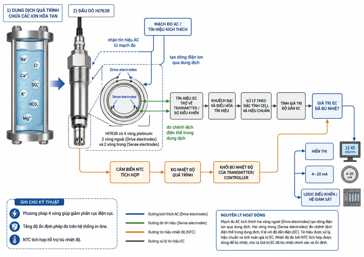 Vẽ sơ đồ nguyên lý hoạt động dạng block diagram kỹ thuật của Hanna HI7638 trên nền trắng, bố cục ngang. Bắt đầu từ dung dịch quá trình chứa các ion hòa tan → bốn vòng platinum của HI7638. Hai vòng ngoài ghi “Drive electrodes” nhận tín hiệu AC từ mạch đo → tạo dòng điện ion qua dung dịch. Hai vòng trong ghi “Sense electrodes” → đo chênh lệch điện thế trong dung dịch → tín hiệu EC trở về transmitter/bộ điều khiển → khuếch đại và điều hòa tín hiệu → xử lý theo đặc tính cell và hiệu chuẩn → tính giá trị độ dẫn EC. Tạo nhánh song song từ “Cảm biến NTC tích hợp” → đo nhiệt độ quá trình → khối bù nhiệt độ của transmitter/controller → giá trị EC đã bù nhiệt → hiển thị/4-20 mA/logic điều khiển tùy thiết bị nhận. Ghi chú phương pháp bốn vòng giúp giảm phân cực và tăng độ ổn định phép đo.