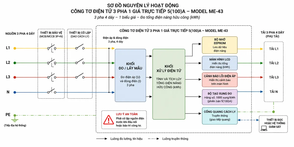Sơ đồ nguyên lý hoạt động dạng khối của Công tơ điện tử 3 pha 1 giá trực tiếp 5(100)A EMIC ME-43 trên nền trắng, bố cục ngang; bên trái là nguồn và tải điện 3 pha 4 dây L1-L2-L3-N; tín hiệu điện áp và dòng điện của ba pha đi vào khối đo/lấy mẫu; từ khối đo truyền sang khối xử lý điện tử tính và tích lũy tổng điện năng hữu công kWh; từ khối xử lý chia nhánh tới bộ nhớ EEPROM, màn hình LCD hiển thị tổng điện năng, khối cảnh báo lỗi điện áp trên màn hình, bộ tạo xung đo với hằng số của phiên bản 5(100)A và cổng quang cách ly; dùng mũi tên rõ ràng thể hiện luồng đo lường, xử lý, lưu trữ, hiển thị và truyền thông; ghi rõ đây là công tơ 3 pha 4 dây, 1 biểu giá, model ME-43.
