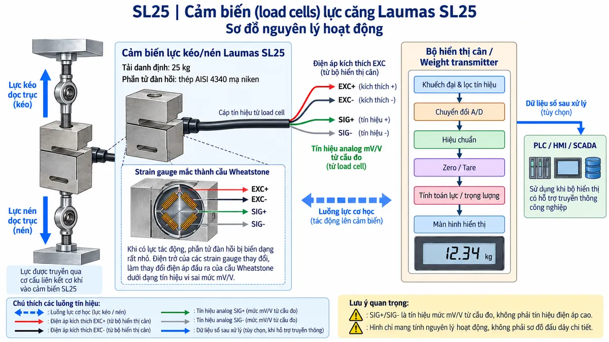Vẽ sơ đồ nguyên lý hoạt động dạng khối cho cảm biến lực kéo/nén Laumas SL25 trên nền trắng, bố cục ngang. Bắt đầu từ lực kéo hoặc lực nén dọc trục truyền qua cơ cấu liên kết vào phần tử đàn hồi của SL25. Bên trong cảm biến thể hiện phần tử đàn hồi bằng thép AISI 4340 mạ niken và các strain gauge mắc thành cầu Wheatstone. Từ bộ hiển thị cân hoặc weight transmitter vẽ EXC+/EXC- cấp điện áp kích thích tới cầu đo. Khi lực tác động làm phần tử đàn hồi biến dạng, điện trở strain gauge thay đổi và cầu Wheatstone tạo tín hiệu vi sai SIG+/SIG-. Tín hiệu tiếp tục qua các khối khuếch đại và lọc tín hiệu, chuyển đổi A/D, hiệu chuẩn, Zero/Tare, tính toán lực hoặc trọng lượng rồi tới màn hình hiển thị. Từ khối xử lý thêm nhánh dữ liệu số tới PLC/HMI/SCADA nếu thiết bị điện tử cân hỗ trợ giao tiếp công nghiệp. Dùng mũi tên và chú thích tiếng Việt để phân biệt luồng lực cơ học, điện áp kích thích EXC, tín hiệu analog từ cầu đo và dữ liệu số sau xử lý.