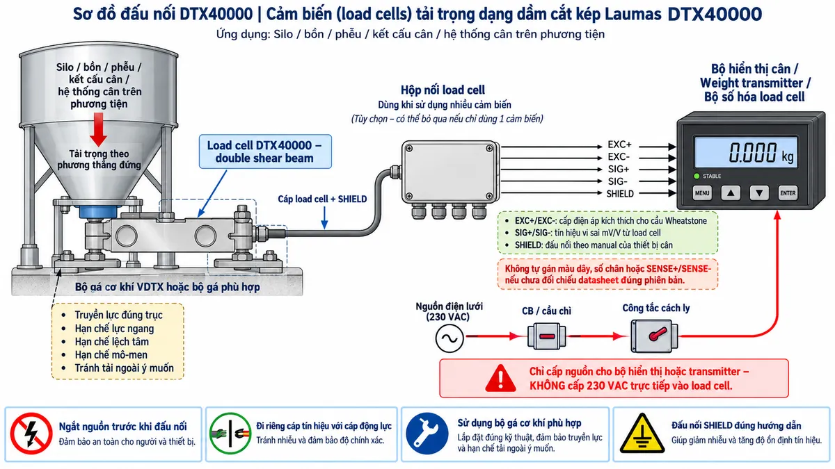 Vẽ sơ đồ nguyên lý hoạt động dạng khối cho Laumas DTX40000 trên nền trắng, bố cục ngang. Luồng chính gồm: Tải trọng cơ học → Bộ gá VDTX / điểm truyền lực → Thân double shear beam DTX40000 bằng thép AISI 4340 mạ niken → Biến dạng đàn hồi tại vùng dầm cắt kép → Strain gauge thay đổi điện trở → Cầu Wheatstone → Tín hiệu analog mV/V → Khuếch đại tín hiệu → Chuyển đổi A/D → Hiệu chuẩn, zero, lọc và tính toán trọng lượng → Hiển thị cân / Weight transmitter → PLC / HMI / SCADA nếu hệ thống yêu cầu. Vẽ nhánh từ thiết bị điện tử cân cấp EXC+/EXC- vào cầu Wheatstone và nhận SIG+/SIG- trở về; thêm SHIELD theo đường cáp tín hiệu và ghi chú đấu nối theo manual. Bổ sung khối thông tin kỹ thuật: double shear beam, biến thể 40 klb tương đương khoảng 18.000 kg, thép AISI 4340 mạ niken, tín hiệu danh định 3,0 mV/V, cấp chính xác C3 theo OIML R 60 và cấp bảo vệ IP68.