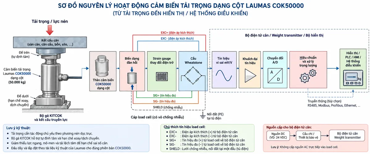 Vẽ sơ đồ nguyên lý hoạt động dạng khối cho Laumas COK50000 trên nền trắng, bố cục ngang. Luồng chính: “Tải trọng / lực nén” → “Bộ gá KITCOK và kết cấu truyền lực” → “Thân cảm biến COK50000 dạng cột” → “Biến dạng đàn hồi” → “Strain gauge thay đổi điện trở” → “Cầu Wheatstone” → “Tín hiệu vi sai mV/V” → “Khuếch đại tín hiệu” → “Chuyển đổi A/D” → “Hiệu chuẩn và xử lý trọng lượng” → “Hiển thị / PLC / HMI / hệ thống điều khiển”. Từ khối “Bộ điện tử cân / Weight transmitter” vẽ EXC+ và EXC- cấp điện áp kích thích tới cầu Wheatstone; từ cầu Wheatstone vẽ SIG+ và SIG- mang tín hiệu đo trở lại bộ điện tử. Thể hiện SHIELD ở cáp cảm biến. Thêm ghi chú kỹ thuật: tải cần tác động chủ yếu theo phương nén dọc trục; bộ gá KITCOK hỗ trợ tự định tâm và hạn chế xoay/dịch chuyển; cần giảm lực ngang, mô-men và tải lệch tâm để hạn chế sai số cân.
