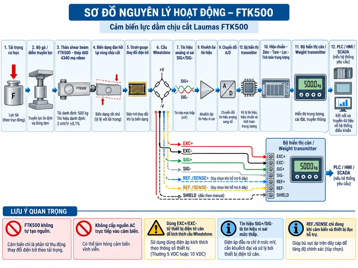 Vẽ sơ đồ nguyên lý hoạt động dạng khối cho Laumas FTK500 trên nền trắng, bố cục ngang. Luồng chính gồm: Tải trọng cơ học → Bộ gá/điểm truyền lực → Thân shear beam FTK500 bằng thép AISI 4340 mạ niken → Biến dạng đàn hồi tại vùng chịu cắt → Strain gauge thay đổi điện trở → Cầu Wheatstone → Tín hiệu analog vi sai SIG+/SIG- → Khuếch đại tín hiệu → Chuyển đổi A/D → Hiệu chuẩn, Zero, Tare, lọc và tính toán trọng lượng → Bộ hiển thị cân hoặc Weight transmitter → PLC/HMI/SCADA nếu hệ thống yêu cầu. Vẽ nhánh từ thiết bị điện tử cân cấp EXC+/EXC- tới cầu Wheatstone; nếu cấu hình cảm biến và thiết bị đọc hỗ trợ 6 dây thì thể hiện REF./SENSE+/REF./SENSE- hồi tiếp điện áp kích thích. Thể hiện SHIELD dọc theo đường cáp tín hiệu. Ghi chú FTK500 tải danh định 500 kg, tín hiệu danh định 2 mV/V ±0,1%, cảm biến không tự tạo nguồn và không được cấp AC trực tiếp.