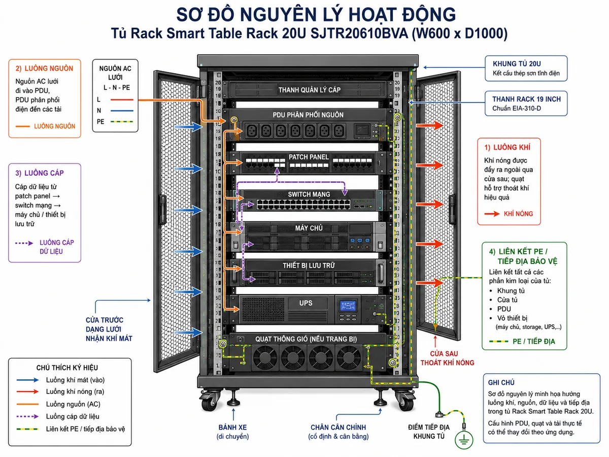 Sơ đồ nguyên lý hoạt động của Tủ Rack Smart Table Rack 20U Legrand SJTR20610BVA W600 x D1000, bố cục ngang nền trắng; thể hiện khung tủ 20U và thanh rack 19 inch, cửa trước dạng lưới nhận khí mát, các tầng thiết bị gồm patch panel, switch mạng, máy chủ, thiết bị lưu trữ và UPS, PDU phân phối nguồn, thanh quản lý cáp, cửa sau thoát khí nóng, quạt thông gió tùy cấu hình, bánh xe và chân cân chỉnh; dùng mũi tên mô tả luồng khí mát đi từ trước qua thiết bị rồi thoát nóng về phía sau, luồng nguồn từ PDU đến các tải, luồng cáp dữ liệu giữa patch panel và thiết bị mạng, cùng đường PE liên kết các phần kim loại của tủ