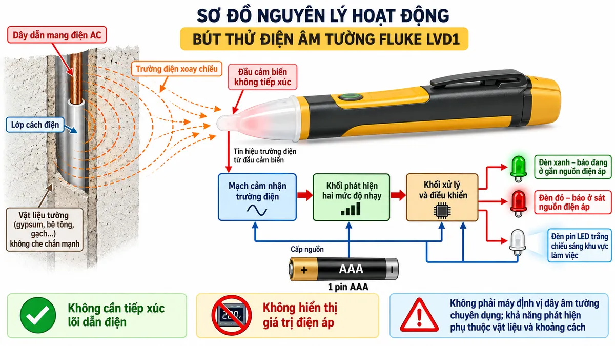 Sơ đồ nguyên lý hoạt động của Bút thử điện âm tường FLUKE LVD1 trên nền trắng, bố cục ngang, chú thích tiếng Việt. Bên trái là “Dây dẫn mang điện AC” tạo “Trường điện xoay chiều” xuyên qua lớp cách điện và có thể lan qua vật liệu tường không che chắn mạnh; dùng các đường trường và mũi tên hướng tới “Đầu cảm biến không tiếp xúc”. Tín hiệu lần lượt đi qua “Mạch cảm nhận trường điện”, “Khối phát hiện hai mức độ nhạy”, “Khối xử lý và điều khiển”. Từ khối xử lý chia hai nhánh tới “Đèn xanh – báo đang ở gần nguồn điện áp” và “Đèn đỏ – báo ở sát nguồn điện áp”. Phía dưới thể hiện “1 pin AAA” cấp nguồn cho mạch cảm biến, mạch xử lý và LED; thêm nhánh riêng tới “Đèn pin LED trắng”. Ghi chú rõ “Không cần tiếp xúc lõi dẫn điện”, “Không hiển thị giá trị điện áp” và “Không phải máy định vị dây âm tường chuyên dụng; khả năng phát hiện phụ thuộc vật liệu và khoảng cách”.