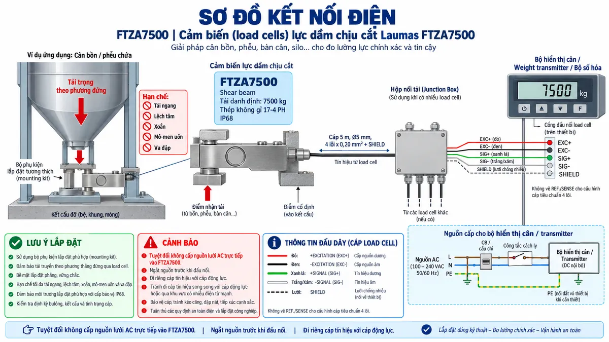 Vẽ sơ đồ đấu dây/kết nối kỹ thuật cho cảm biến shear beam Laumas FTZA500 trên nền trắng, bố cục ngang. Bên trái thể hiện bồn, phễu, bàn cân hoặc kết cấu tải truyền lực đúng phương qua bộ gá cơ khí tương thích tới load cell FTZA500 ở giữa; ghi nhận diện FTZA500, tải danh định 500 kg, thân thép không gỉ 17-4 PH, IP68. Thể hiện một vùng cố định của bộ gá và điểm truyền tải đúng hướng, hạn chế tải ngang, lệch tâm, xoắn và mô-men uốn. Từ FTZA500 vẽ cáp dài 5 m, đường kính 5 mm, 4 lõi x 0,20 mm² cùng SHIELD sang hộp nối nếu hệ thống sử dụng nhiều load cell, sau đó tới bộ hiển thị cân, Weight transmitter hoặc bộ số hóa. Thể hiện +EXCITATION/EXC+ màu đỏ và -EXCITATION/EXC- màu đen từ thiết bị điện tử cân cấp điện áp kích thích tới cảm biến; +SIGNAL/SIG+ màu xanh lá và -SIGNAL/SIG- màu trắng truyền tín hiệu vi sai từ cảm biến về thiết bị. Không vẽ REF./SENSE cho cấu hình cáp tiêu chuẩn 4 lõi. SHIELD đi cùng cáp và ghi chú đấu theo manual. Phía dưới vẽ nguồn phù hợp chỉ cấp cho bộ hiển thị hoặc transmitter qua cầu chì hoặc thiết bị bảo vệ và công tắc cách ly; PE chỉ nối với vỏ hoặc điểm tiếp địa của thiết bị điện tử khi yêu cầu, không đi qua các dây đo của load cell. Ghi chú rõ: tuyệt đối không cấp nguồn lưới AC trực tiếp vào FTZA500; ngắt nguồn trước khi đấu nối và đi riêng cáp tín hiệu với cáp động lực.