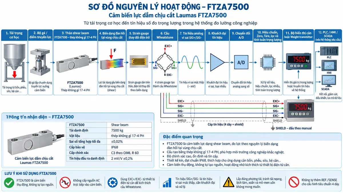 Vẽ sơ đồ nguyên lý hoạt động dạng khối cho Laumas FTZA500 trên nền trắng, bố cục ngang. Luồng chính gồm: Tải trọng cơ học → Bộ gá hoặc điểm truyền lực → Thân shear beam FTZA500 bằng thép không gỉ 17-4 PH → Biến dạng đàn hồi tại vùng chịu cắt → Strain gauge thay đổi điện trở → Cầu Wheatstone → Tín hiệu analog vi sai SIG+/SIG- → Khuếch đại tín hiệu → Chuyển đổi A/D → Hiệu chuẩn, Zero, Tare, lọc và tính toán trọng lượng → Bộ hiển thị cân hoặc Weight transmitter → PLC/HMI/SCADA nếu hệ thống yêu cầu. Vẽ nhánh EXC+/EXC- từ thiết bị điện tử cân cấp điện áp kích thích tới cầu Wheatstone và SIG+/SIG- truyền tín hiệu trở về. Thể hiện SHIELD đi cùng cáp tín hiệu và đấu theo manual; không tự thêm REF./SENSE cho cấu hình tiêu chuẩn 4 dây. Thêm khối nhận diện: FTZA500, shear beam, tải danh định 500 kg, thép không gỉ 17-4 PH, sai số tổng hợp tối đa ±0,02%, cấp bảo vệ IP68, cấp chính xác C3/C4 theo OIML R 60 và tín hiệu đầu ra danh định 2 mV/V ±0,2%. Ghi chú cảm biến là phần tử thụ động, không tự tạo nguồn và không được cấp AC trực tiếp.