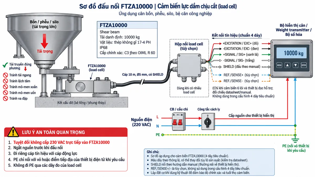 Vẽ sơ đồ đấu dây/kết nối kỹ thuật cho cảm biến shear beam Laumas FTZA10000 trên nền trắng, bố cục ngang. Bên trái thể hiện bồn, phễu, silo, bệ cân hoặc kết cấu máy tải lớn truyền lực đúng phương qua bộ gá cơ khí tương thích tới load cell FTZA10000 ở giữa. Thể hiện một đầu cảm biến được cố định chắc chắn vào kết cấu đỡ và vùng nhận tải chịu lực đúng hướng; chú thích tránh tải ngang, lệch tâm, mô-men xoắn, mô-men uốn và va đập. Ghi nhận diện FTZA10000, tải danh định 10000 kg, thân thép không gỉ 17-4 PH, IP68, cấp chính xác C3 theo OIML R 60. Từ cảm biến vẽ cáp dài 10 m, đường kính 5 mm, có SHIELD tới hộp nối load cell nếu hệ thống dùng nhiều cảm biến, sau đó tới bộ hiển thị cân, Weight transmitter hoặc bộ số hóa. Với cấu hình 4 lõi tiêu chuẩn, thể hiện +EXCITATION/EXC+ màu đỏ, -EXCITATION/EXC- màu đen, +SIGNAL/SIG+ màu xanh lá và -SIGNAL/SIG- màu trắng; REF./SENSE+/REF./SENSE- chỉ vẽ dạng tùy chọn khi đúng cấu hình cảm biến 6 lõi và thiết bị đọc hỗ trợ, ghi chú phải đối chiếu datasheet/manual. SHIELD đi cùng cáp và đấu theo manual. Phía dưới vẽ nguồn điện chỉ cấp cho bộ hiển thị hoặc transmitter qua CB/cầu chì và công tắc cách ly phù hợp; PE nối với vỏ hoặc điểm tiếp địa của thiết bị điện tử khi yêu cầu, không đi qua các dây đo của load cell. Ghi chú rõ: tuyệt đối không cấp 230 VAC trực tiếp vào FTZA10000; ngắt nguồn trước khi đấu nối; đi riêng cáp tín hiệu với cáp động lực.