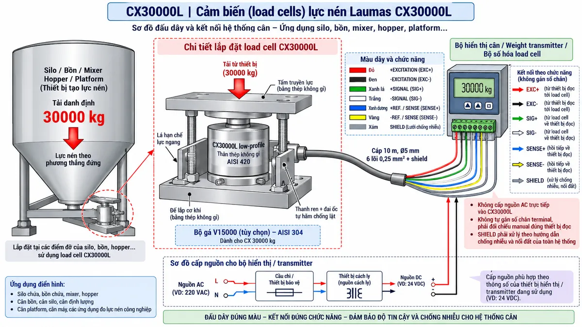 Vẽ sơ đồ nguyên lý hoạt động dạng khối cho cảm biến lực nén Laumas CX30000L trên nền trắng, bố cục ngang. Bắt đầu từ tải trọng của silo, bồn, phễu, mixer, hopper, platform hoặc máy truyền xuống điểm đỡ và tác động lực nén lên CX30000L tải danh định 30000 kg. Bên trong cảm biến thể hiện phần tử đàn hồi bằng thép không gỉ AISI 420 và các strain gauge mắc thành cầu Wheatstone. Từ bộ hiển thị cân hoặc weight transmitter vẽ EXC+/EXC- cấp điện áp kích thích tới cầu đo và SENSE+/SENSE- hồi tiếp điện áp kích thích thực tế về thiết bị đọc. Khi tải thay đổi, phần tử đàn hồi biến dạng làm điện trở strain gauge thay đổi và tạo tín hiệu vi sai SIG+/SIG- dạng mV/V. Tín hiệu tiếp tục qua khối khuếch đại và lọc, chuyển đổi A/D, hiệu chuẩn, Zero/Tare, tính toán trọng lượng hoặc lực rồi tới màn hình hiển thị. Nếu thiết bị điện tử cân hỗ trợ giao tiếp công nghiệp, thêm nhánh dữ liệu số sau xử lý tới PLC/HMI/SCADA. Dùng mũi tên và chú thích tiếng Việt để phân biệt luồng lực cơ học, điện áp kích thích EXC, hồi tiếp SENSE, tín hiệu đo SIG dạng mV/V và dữ liệu số sau xử lý.