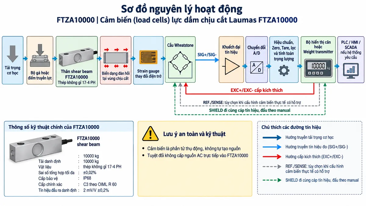 Vẽ sơ đồ nguyên lý hoạt động dạng khối cho Laumas FTZA10000 trên nền trắng, bố cục ngang. Luồng chính gồm: Tải trọng cơ học → Bộ gá hoặc điểm truyền lực → Thân shear beam FTZA10000 bằng thép không gỉ 17-4 PH → Biến dạng đàn hồi tại vùng chịu cắt → Strain gauge thay đổi điện trở → Cầu Wheatstone → Tín hiệu analog vi sai SIG+/SIG- → Khuếch đại tín hiệu → Chuyển đổi A/D → Hiệu chuẩn, Zero, Tare, lọc và tính toán trọng lượng → Bộ hiển thị cân hoặc Weight transmitter → PLC/HMI/SCADA nếu hệ thống yêu cầu. Vẽ nhánh EXC+/EXC- từ thiết bị điện tử cân cấp kích thích tới cầu Wheatstone và SIG+/SIG- truyền tín hiệu trở về. REF./SENSE chỉ thể hiện khi cấu hình cảm biến thực tế có hỗ trợ; SHIELD đi cùng cáp tín hiệu và đấu theo manual. Thêm khối nhận diện gồm FTZA10000, shear beam, tải danh định 10000 kg, thép không gỉ 17-4 PH, sai số tổng hợp tối đa ±0,02%, cấp bảo vệ IP68, cấp chính xác C3 theo OIML R 60 và tín hiệu đầu ra danh định 2 mV/V ±0,2%. Ghi chú cảm biến là phần tử thụ động, không tự tạo nguồn và tuyệt đối không cấp nguồn AC trực tiếp vào FTZA10000.