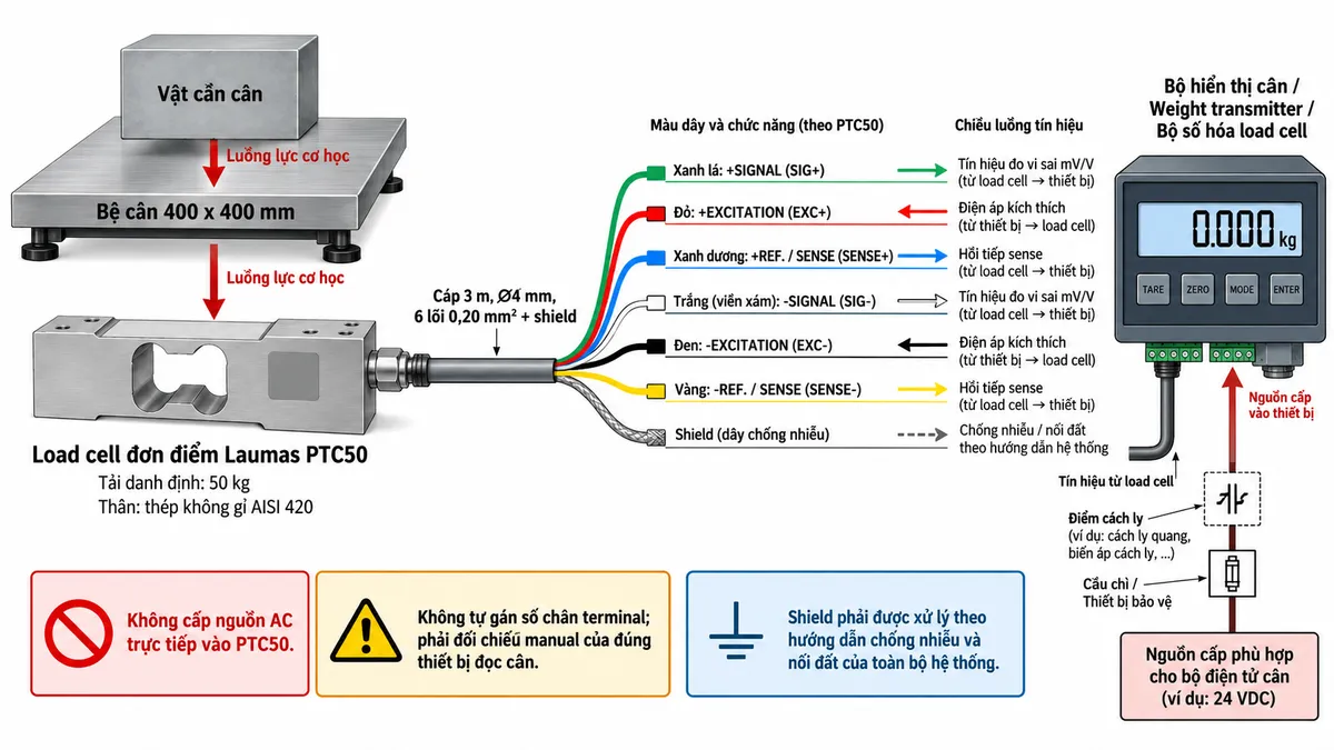 Vẽ sơ đồ đấu dây/kết nối kỹ thuật cho cảm biến load cell đơn điểm Laumas PTC50 trên nền trắng, bố cục ngang. Bên trái thể hiện vật cần cân tác động xuống bệ cân 400 x 400 mm; lực truyền tới load cell single-point PTC50 tải danh định 50 kg, thân thép không gỉ AISI 420 ở giữa. Từ PTC50 vẽ cáp dài 3 m, đường kính 4 mm, gồm 6 lõi 0,20 mm² và shield sang bộ hiển thị cân, weight transmitter hoặc bộ số hóa load cell tương thích ở bên phải. Thể hiện theo sơ đồ dây dòng PTC: +SIGNAL/SIG+ màu xanh lá, +EXCITATION/EXC+ màu đỏ, +REF./SENSE/SENSE+ màu xanh dương, -SIGNAL/SIG- màu trắng, -EXCITATION/EXC- màu đen, -REF./SENSE/SENSE- màu vàng và SHIELD. Vẽ EXC+/EXC- theo chiều từ thiết bị điện tử cân tới load cell để cấp điện áp kích thích; SIG+/SIG- theo chiều từ load cell về thiết bị xử lý để truyền tín hiệu vi sai mV/V; SENSE+/SENSE- theo chiều hồi tiếp điện áp kích thích về thiết bị đọc. Vẽ riêng nguồn cấp phù hợp cho bộ hiển thị hoặc transmitter đi qua cầu chì hoặc thiết bị bảo vệ và điểm cách ly trước khi vào thiết bị. Ghi rõ không cấp nguồn AC trực tiếp vào PTC50; không tự gán số chân terminal mà phải đối chiếu manual của đúng thiết bị đọc cân; shield phải được xử lý theo hướng dẫn chống nhiễu và nối đất của toàn bộ hệ thống. Dùng mũi tên và chú thích tiếng Việt để phân biệt luồng lực cơ học, điện áp kích thích, tín hiệu đo, hồi tiếp sense và shield.