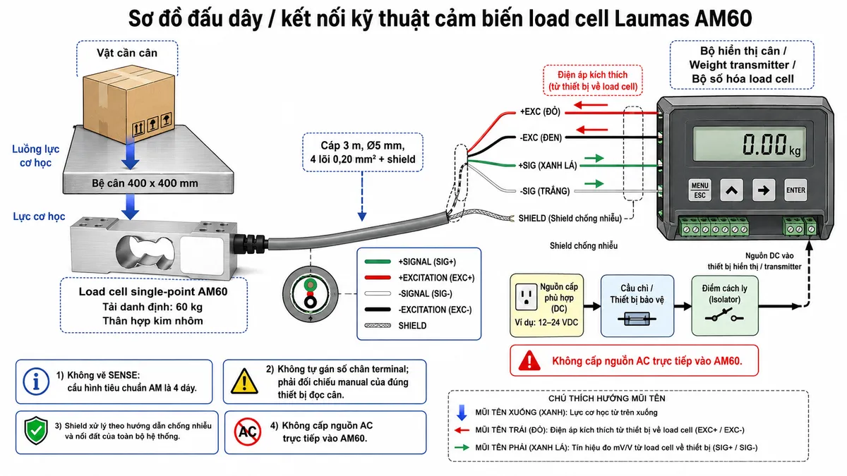 Vẽ sơ đồ nguyên lý hoạt động dạng khối cho Laumas PTC50 trên nền trắng, bố cục ngang. Bắt đầu từ vật cần cân hoặc tải trọng cơ học tác động xuống bệ cân 400 x 400 mm; lực truyền tới load cell single-point PTC50 tải danh định 50 kg. Bên trong cảm biến thể hiện phần tử đàn hồi bằng thép không gỉ AISI 420 và bốn strain gauge mắc thành cầu Wheatstone. Từ bộ hiển thị cân hoặc weight transmitter vẽ nhánh EXC+/EXC- cấp điện áp kích thích vào cầu đo và SENSE+/SENSE- hồi tiếp điện áp kích thích về thiết bị đọc. Khi tải tác động, phần tử đàn hồi biến dạng làm điện trở strain gauge thay đổi và tạo tín hiệu vi sai SIG+/SIG- dạng mV/V. Tín hiệu tiếp tục qua khối khuếch đại và lọc, chuyển đổi A/D, hiệu chuẩn/Zero/Tare, tính toán trọng lượng rồi tới màn hình hiển thị. Nếu bộ điện tử cân hỗ trợ giao tiếp công nghiệp thì thêm nhánh dữ liệu đã xử lý tới PLC/HMI/SCADA. Phân biệt rõ bằng mũi tên và chú thích tiếng Việt cho luồng lực cơ học, điện áp kích thích, hồi tiếp sense, tín hiệu đo mV/V và dữ liệu số sau xử lý.
