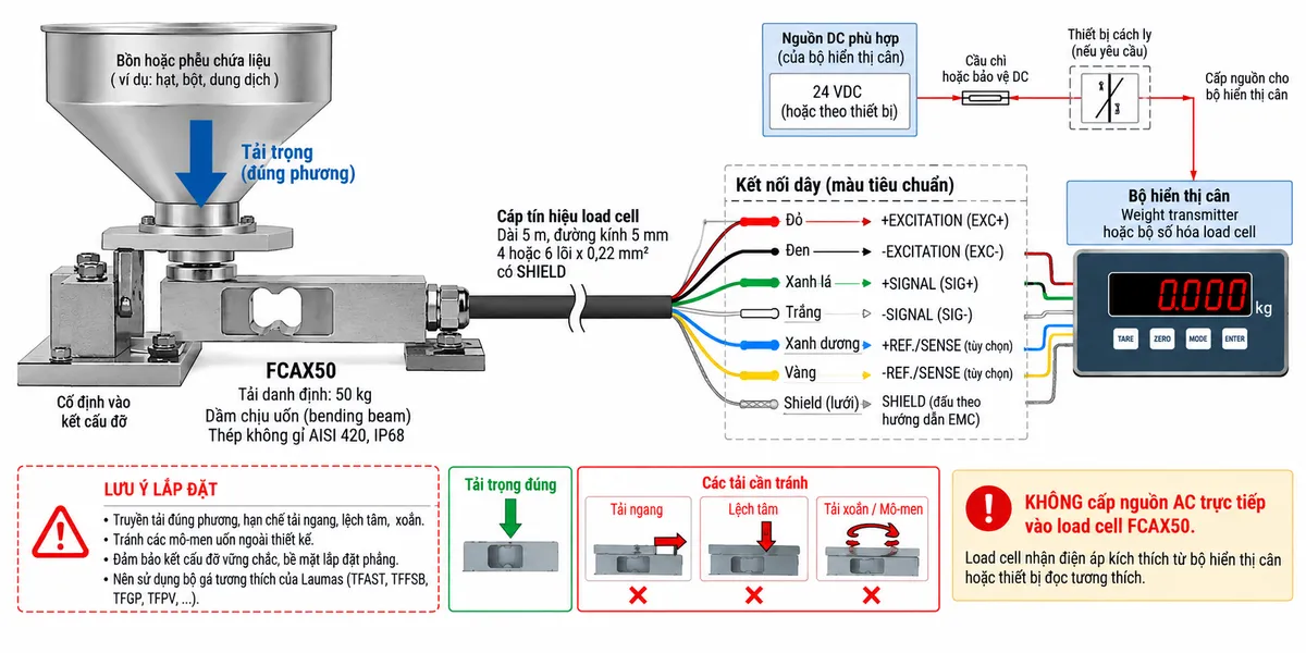 Vẽ sơ đồ đấu dây/kết nối kỹ thuật cho Laumas FCAX50 trên nền trắng, bố cục ngang. Bên trái thể hiện bàn cân, bồn nhỏ hoặc phễu truyền tải trọng đúng phương qua bộ gá cơ khí tương thích tới load cell dầm chịu uốn FCAX50 tải danh định 50 kg ở giữa; một đầu cảm biến được cố định chắc chắn với kết cấu đỡ, đầu còn lại nhận lực đúng hướng. Ghi nhận diện FCAX50, bending beam, thân thép không gỉ AISI 420, IP68; chú thích hạn chế tải ngang, lệch tâm, xoắn và mô-men không mong muốn. Từ FCAX50 vẽ cáp load cell có SHIELD tới bộ hiển thị cân, Weight transmitter hoặc bộ số hóa ở bên phải. Thể hiện các đường EXC+ và EXC- từ thiết bị điện tử cân cấp điện áp kích thích cho cầu strain gauge; SIG+ và SIG- truyền tín hiệu vi sai từ load cell về thiết bị đọc; REF./SENSE+ và REF./SENSE- chỉ thể hiện dưới dạng tùy chọn nếu cấu hình cảm biến và thiết bị đọc thực tế hỗ trợ. SHIELD đi cùng cáp và xử lý theo hướng dẫn EMC. Vẽ nguồn DC phù hợp của bộ điện tử cân đi qua cầu chì hoặc thiết bị bảo vệ DC và điểm cách ly trước khi cấp cho thiết bị; ghi chú rõ không cấp nguồn AC trực tiếp vào FCAX50.