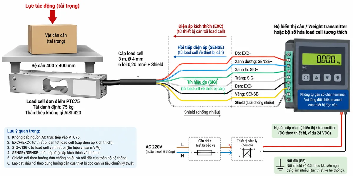 Vẽ sơ đồ đấu dây/kết nối kỹ thuật cho cảm biến load cell đơn điểm Laumas PTC75 trên nền trắng, bố cục ngang. Bên trái thể hiện vật cần cân tác động xuống bệ cân 400 x 400 mm; lực truyền tới load cell single-point PTC75 tải danh định 75 kg, thân thép không gỉ AISI 420 ở giữa. Từ PTC75 vẽ cáp load cell sang bộ hiển thị cân, weight transmitter hoặc bộ số hóa load cell tương thích ở bên phải. Thể hiện các đường EXC+/EXC- từ thiết bị điện tử cân tới load cell để cấp điện áp kích thích; SIG+/SIG- từ load cell về thiết bị xử lý để truyền tín hiệu vi sai mV/V; REF/SENSE hồi tiếp điện áp kích thích về thiết bị đọc theo cấu hình dòng PTC; thể hiện SHIELD riêng để chống nhiễu. Vẽ riêng nguồn cấp phù hợp cho bộ hiển thị hoặc transmitter đi qua cầu chì hay thiết bị bảo vệ và điểm cách ly trước khi vào thiết bị. Ghi rõ không cấp nguồn AC trực tiếp vào PTC75; không tự gán số chân terminal mà phải đối chiếu manual của đúng thiết bị đọc cân; xử lý shield theo hướng dẫn chống nhiễu và nối đất của toàn bộ hệ thống. Dùng mũi tên và chú thích tiếng Việt để phân biệt luồng lực cơ học, điện áp kích thích, tín hiệu đo, hồi tiếp sense và shield.