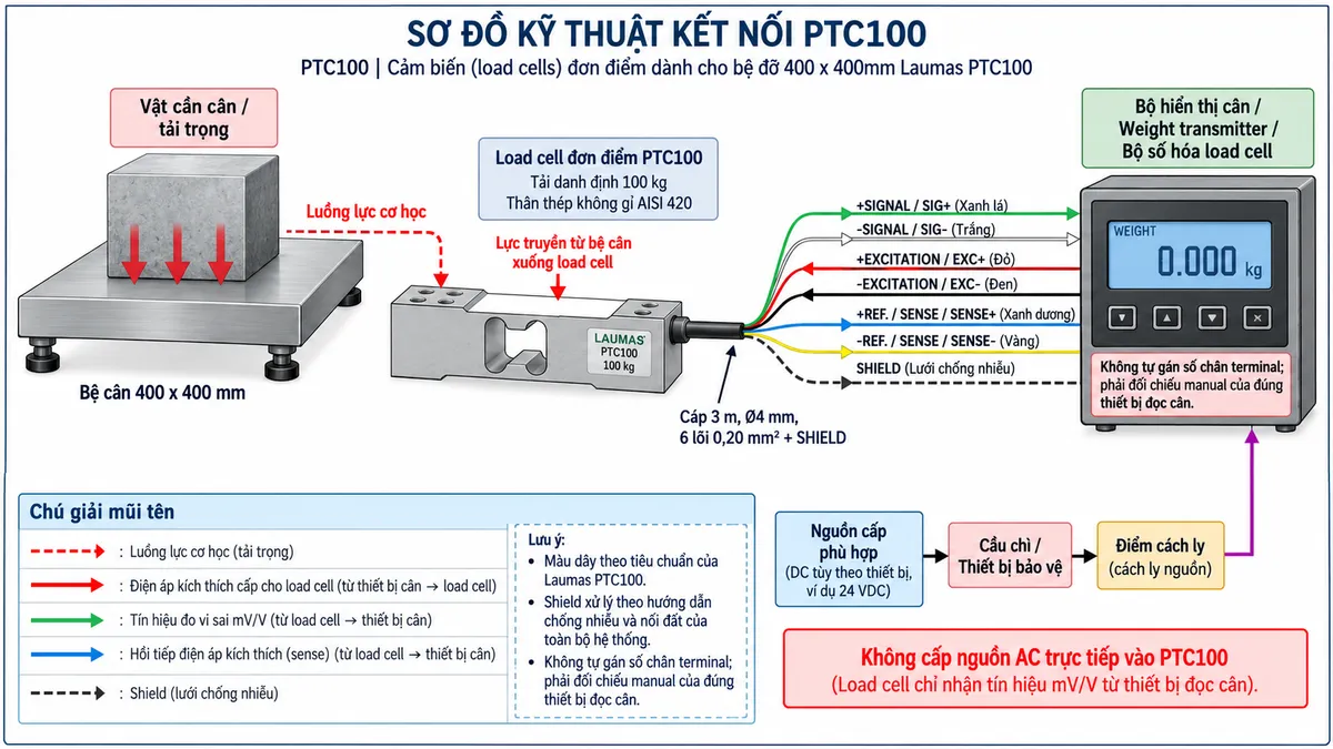 Vẽ sơ đồ đấu dây/kết nối kỹ thuật cho cảm biến load cell đơn điểm Laumas PTC100 trên nền trắng, bố cục ngang. Bên trái thể hiện vật cần cân tác động xuống bệ cân 400 x 400 mm; lực truyền tới load cell single-point PTC100 tải danh định 100 kg, thân thép không gỉ AISI 420 ở giữa. Từ PTC100 vẽ cáp dài 3 m, đường kính 4 mm, gồm 6 lõi 0,20 mm² và shield sang bộ hiển thị cân, weight transmitter hoặc bộ số hóa load cell tương thích ở bên phải. Thể hiện theo sơ đồ dây dòng PTC: +SIGNAL/SIG+ màu xanh lá, +EXCITATION/EXC+ màu đỏ, +REF./SENSE/SENSE+ màu xanh dương, -SIGNAL/SIG- màu trắng, -EXCITATION/EXC- màu đen, -REF./SENSE/SENSE- màu vàng và SHIELD. Vẽ EXC+/EXC- theo chiều từ thiết bị điện tử cân tới load cell để cấp điện áp kích thích; SIG+/SIG- theo chiều từ load cell về thiết bị xử lý để truyền tín hiệu vi sai mV/V; SENSE+/SENSE- hồi tiếp điện áp kích thích về thiết bị đọc. Vẽ riêng nguồn cấp phù hợp của bộ hiển thị/transmitter đi qua cầu chì hoặc thiết bị bảo vệ và điểm cách ly trước khi vào thiết bị. Ghi rõ không cấp nguồn AC trực tiếp vào PTC100; không tự gán số chân terminal mà phải đối chiếu manual của đúng thiết bị đọc cân; xử lý shield theo hướng dẫn chống nhiễu và nối đất của toàn bộ hệ thống. Dùng mũi tên và chú thích tiếng Việt để phân biệt rõ luồng lực cơ học, điện áp kích thích, tín hiệu đo, hồi tiếp sense và shield.